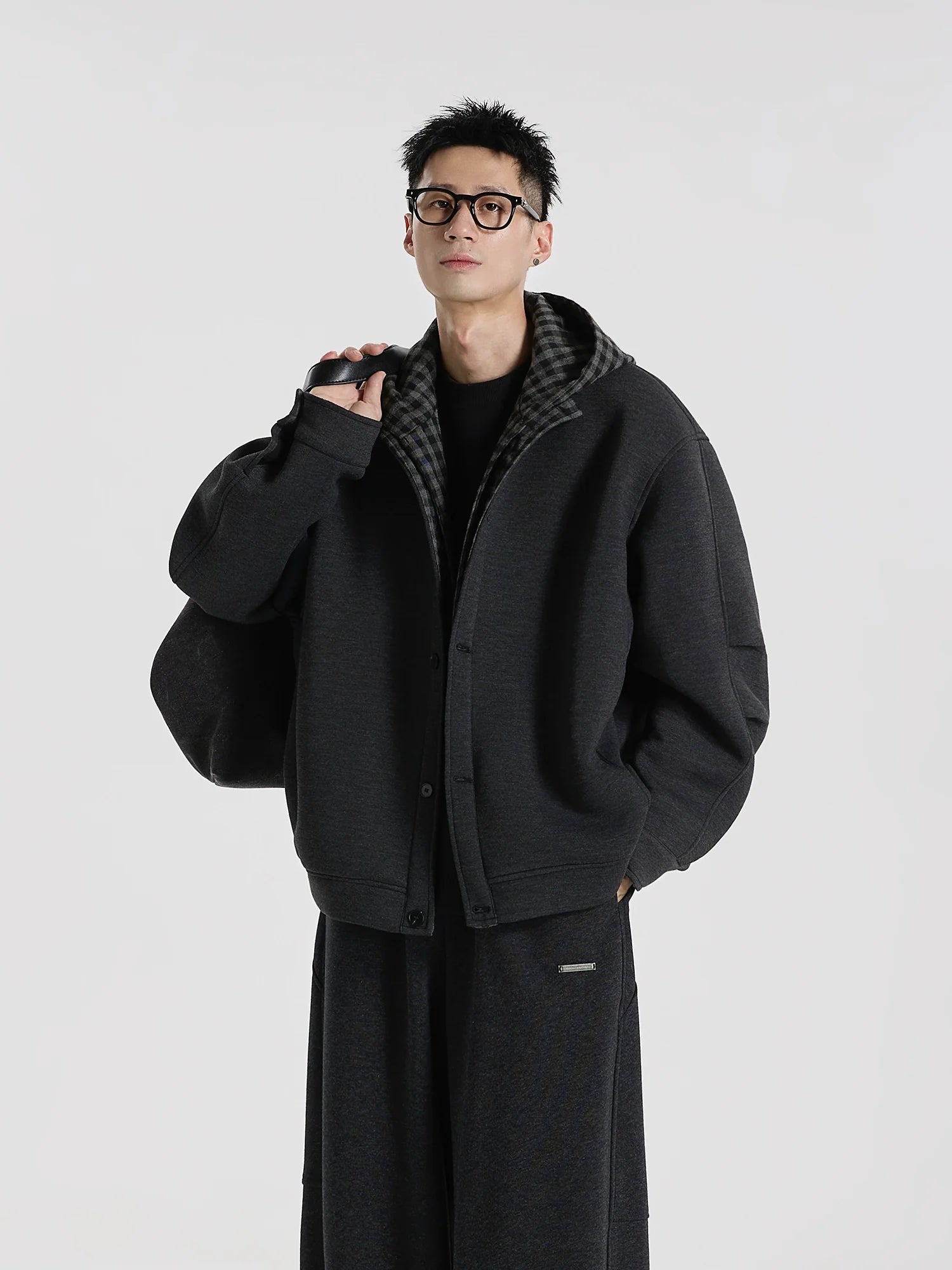 타임 오버래핑" 젤리 에어 레이어 플래드 스플라이싱 페이크 투피스 가디건 후드 스웨터 재킷