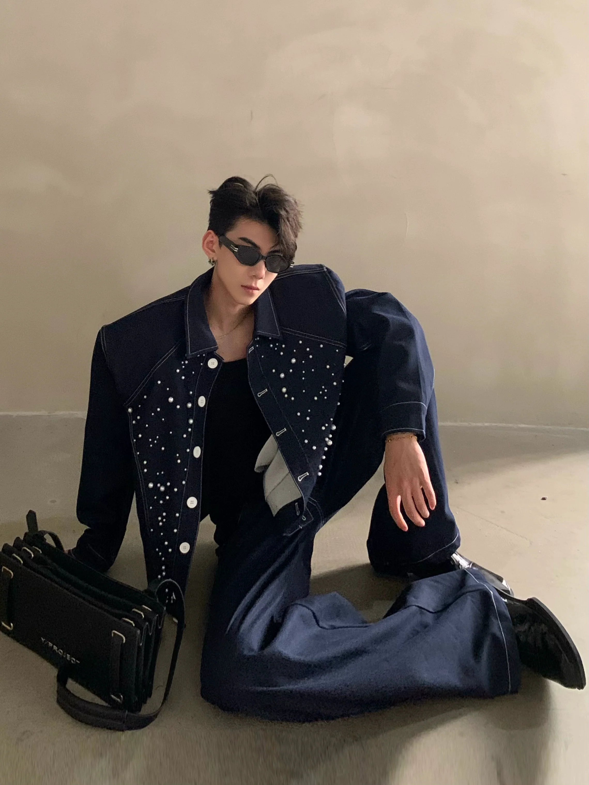 니치 하이엔드 감각의 가볍고 고급스러운 다이아몬드 진주 디자인 데님 재킷, 남성용 멋쟁이 패션 수트, 트렌디한 스타일