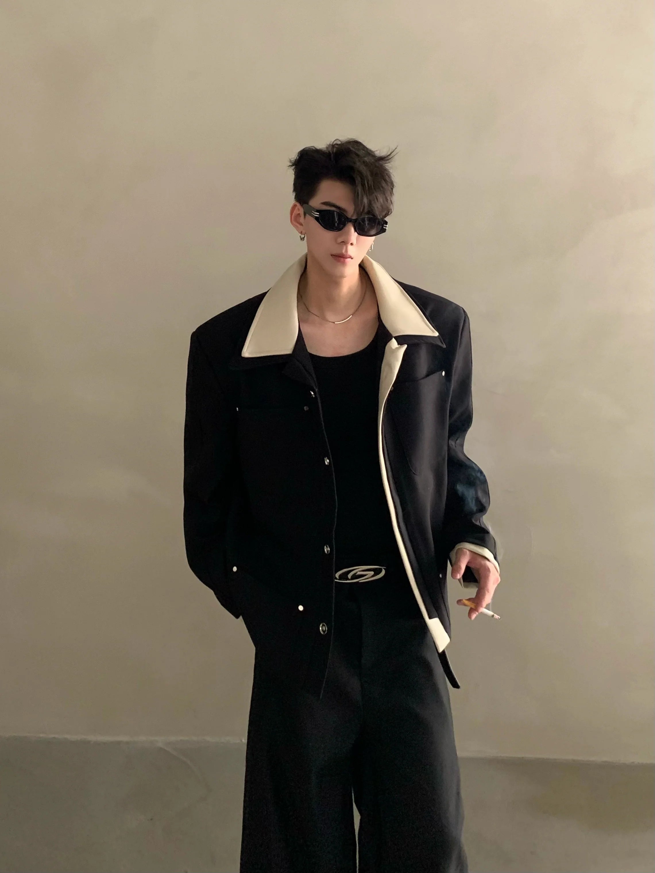 Niche light luxury high-end splicing lapel design casual jacket jacket men's ruffian handsome top tide