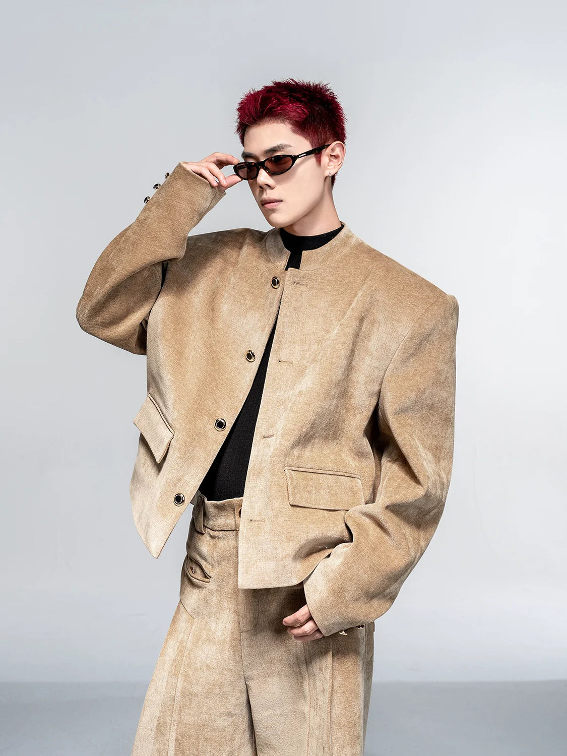 High-end suit suit men's autumn and winter casual suit jacket shoulder padded jacket velvet wide-leg pants two-piece set