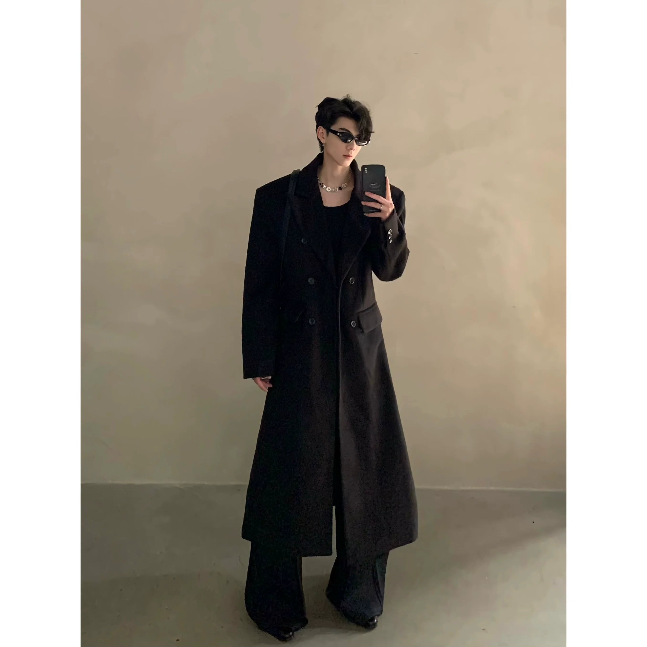 겨울용 어깨 패드 실루엣 울 코트, 남성용 긴 더블 브레스트 프리미엄 트렌치 코트