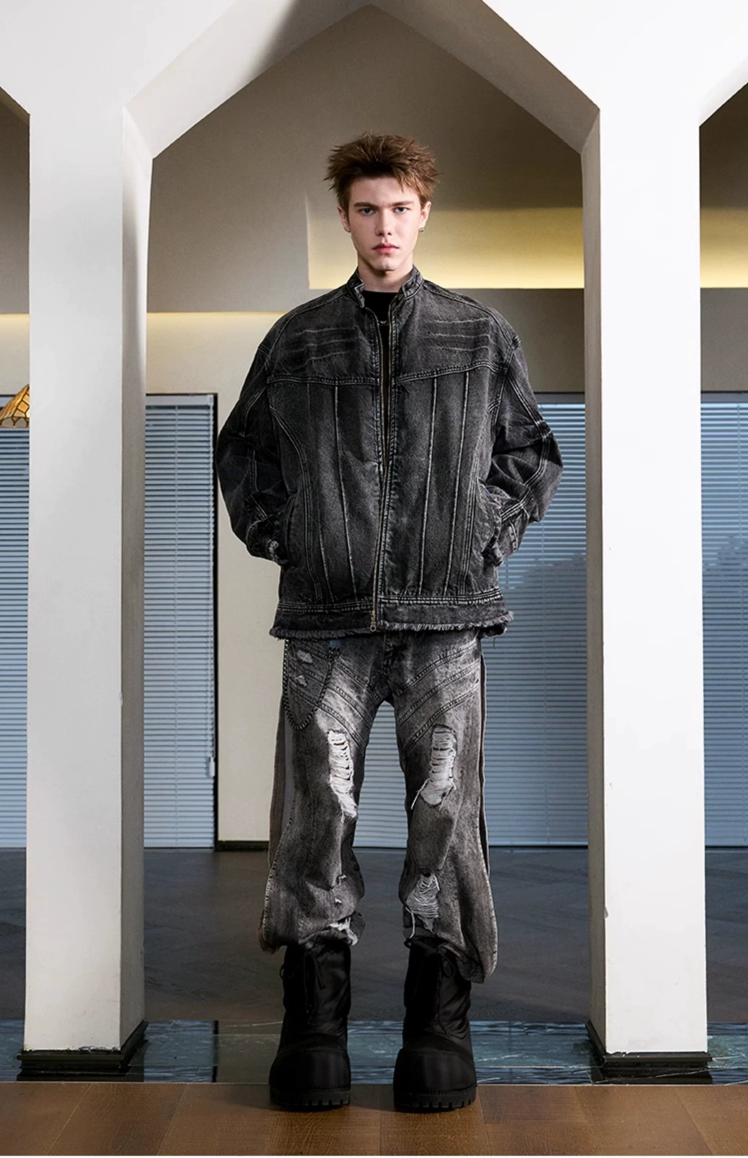 Heavy washed denim jacket American high street stand-up collar jacket SIN0992