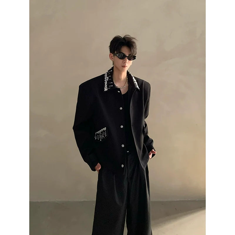 니치 하이엔드 라이트 럭셔리 여피 핸드메이드 스팽글 숄더 패드 숏 재킷 남성용 러피안 핸섬 코트 트렌드