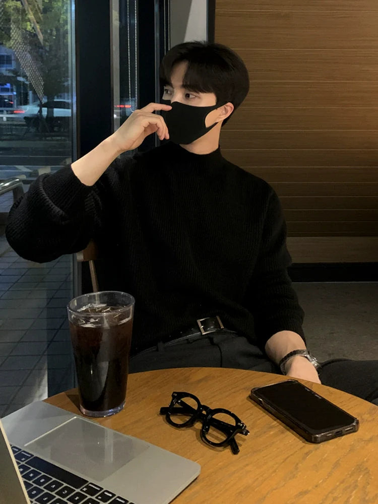 Autumn and winter semi-turtleneck sweater men's Korean trend solid color knitted sweater medium neck bottoming shirt warm inside