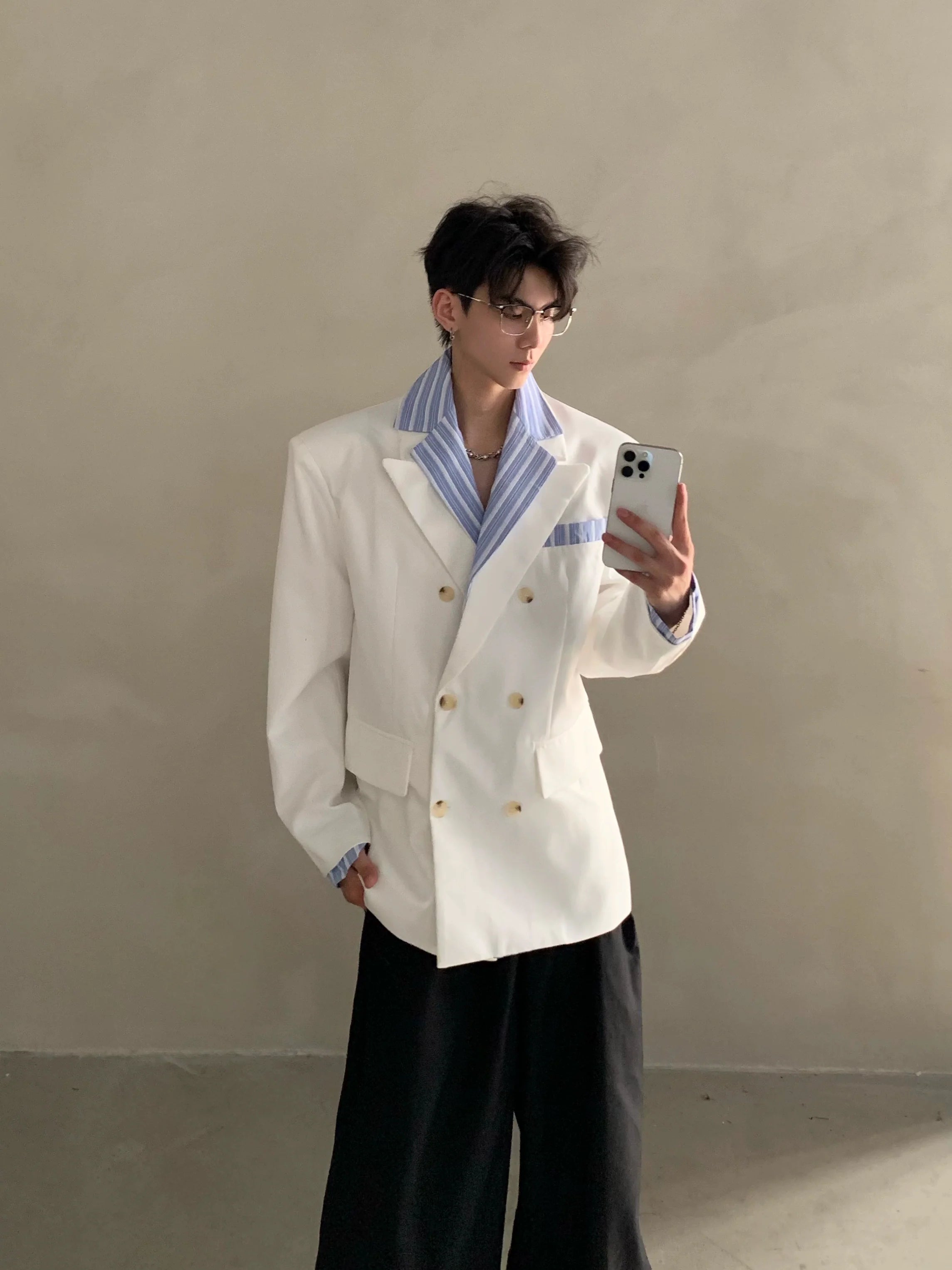 니치 하이엔드 미우 스트라이프 셔츠 칼라 숄더 패딩 수트 남성용 러피안 핸섬 수트 재킷