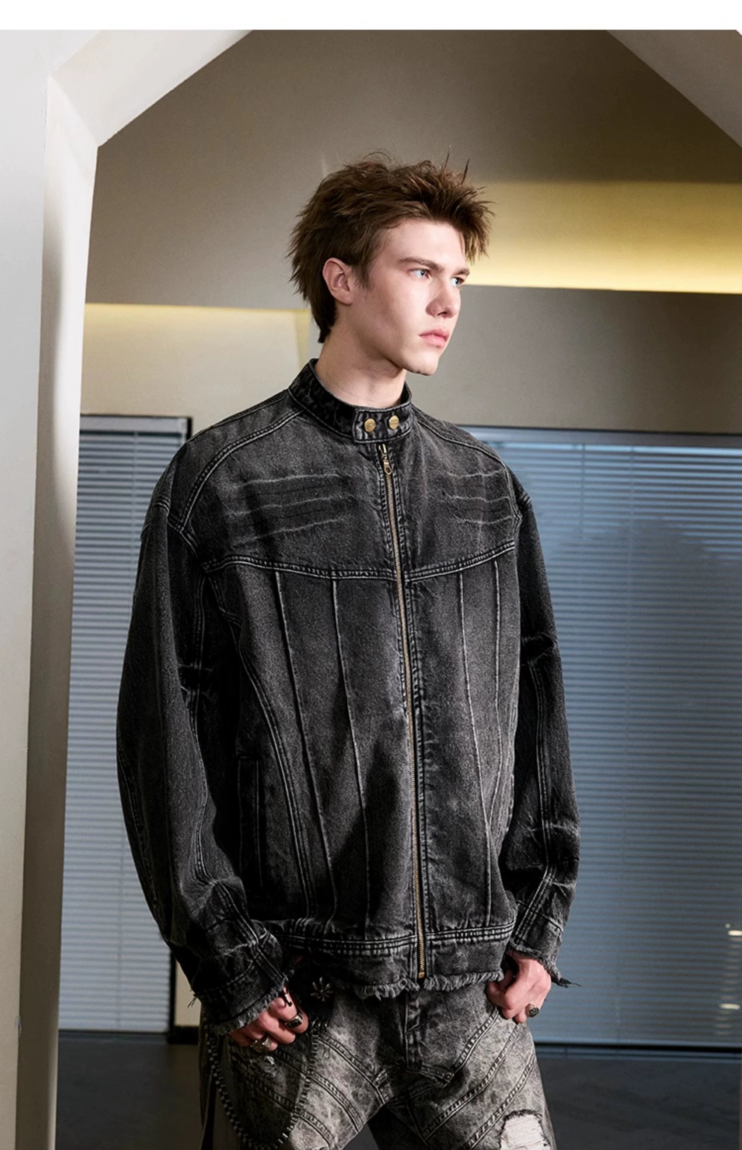 Heavy washed denim jacket American high street stand-up collar jacket SIN0992