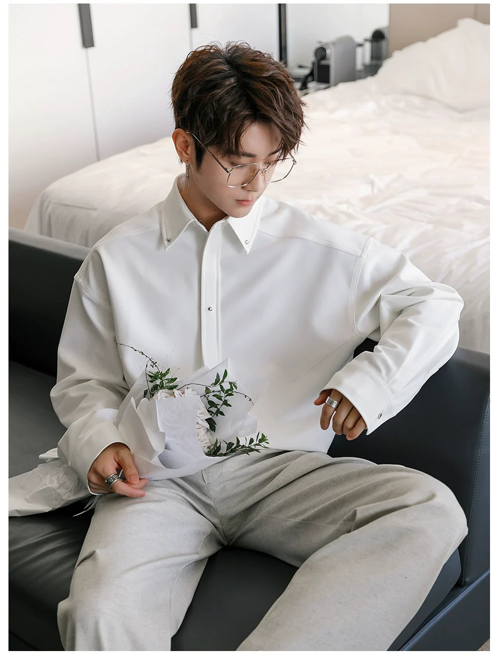 Men's Loose Casual Lapel Shirt Men's Solid Color Premium Tie Long Sleeve Shirt