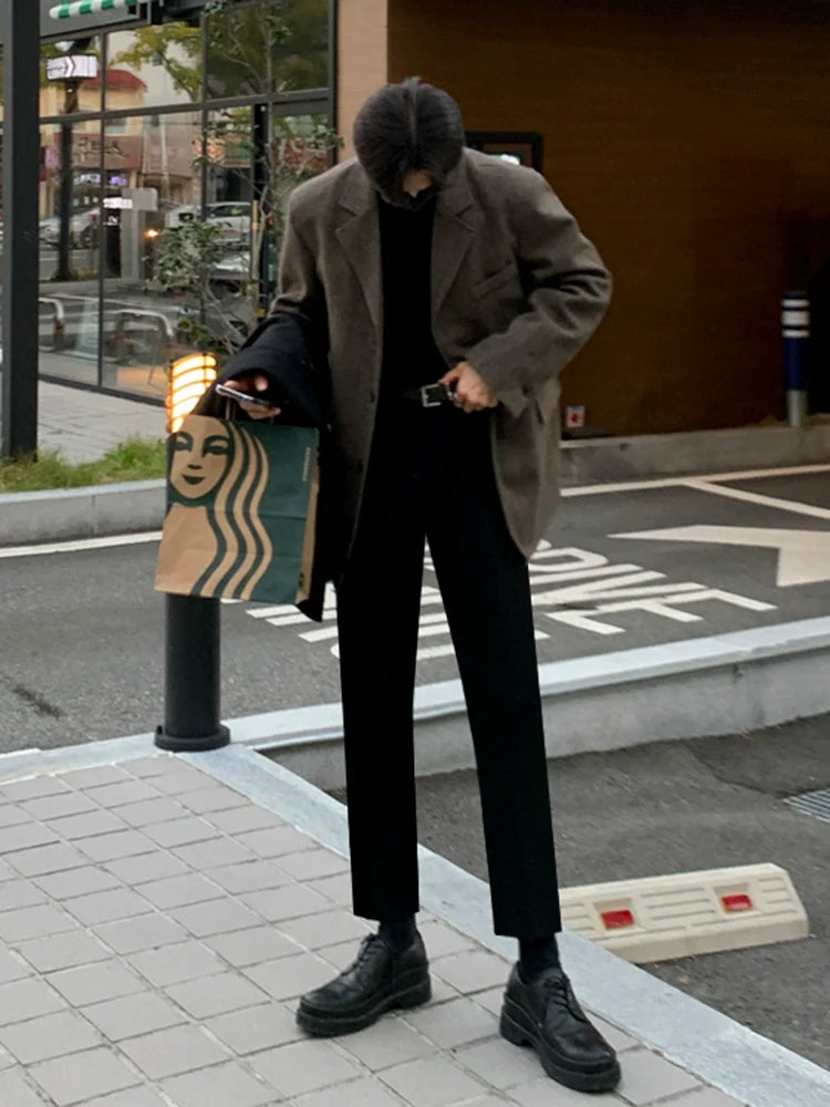 남성용 가을/겨울 한국 스타일 루즈핏 두툼한 고급 울 블레이저 상의