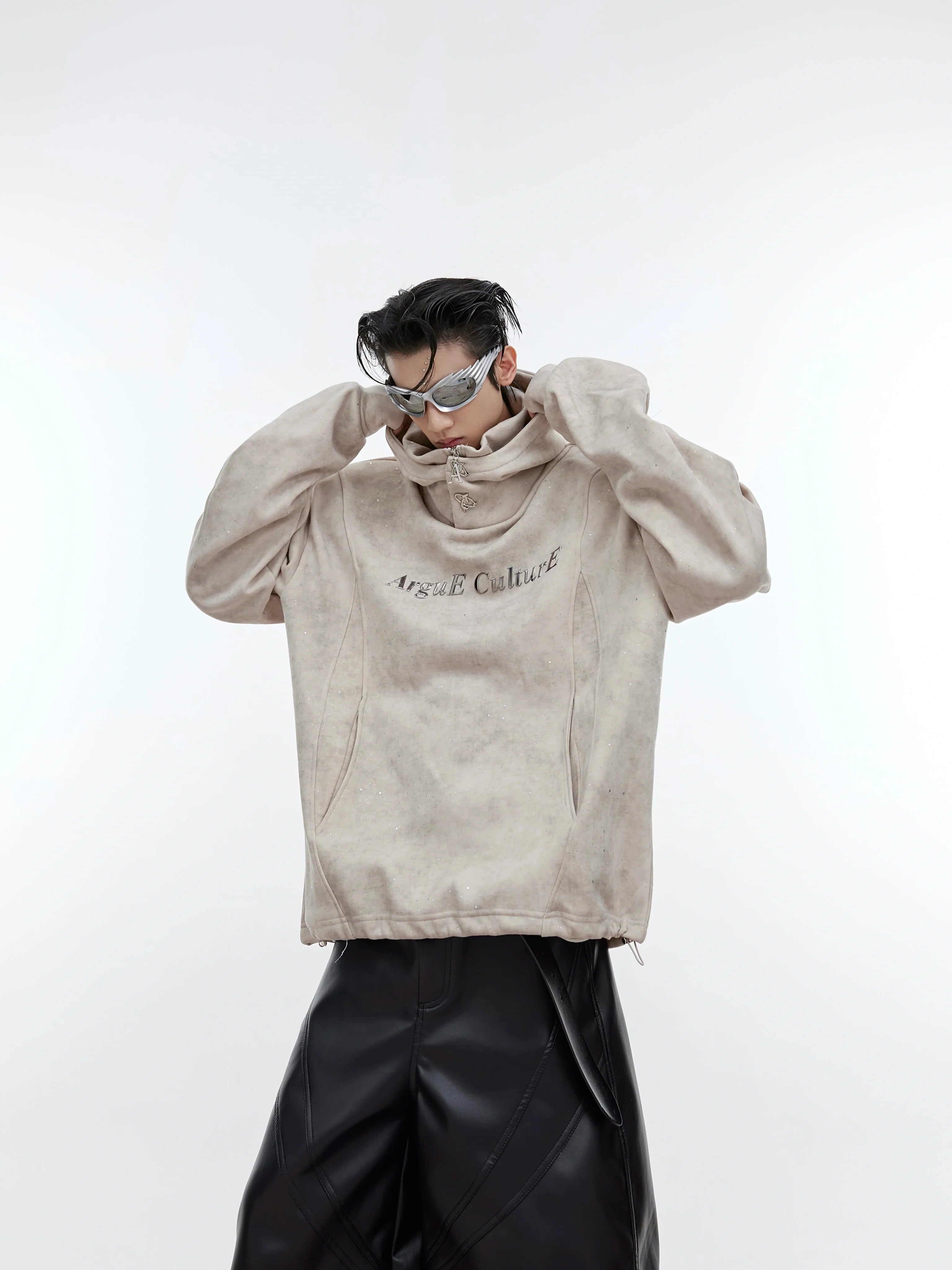 Niche old fine flash double collar design sense casual shoulder pads hooded sweater loose trend top