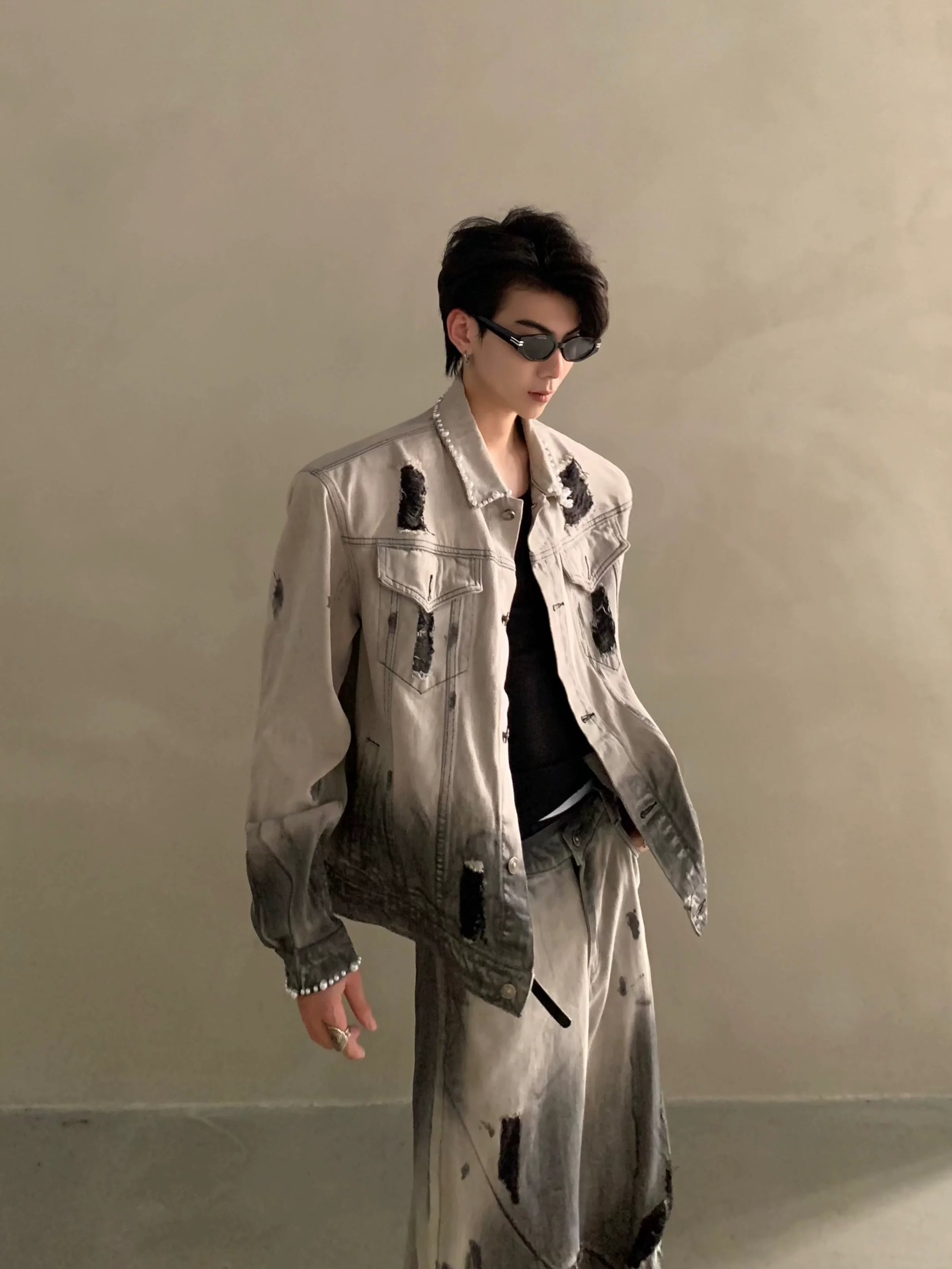 Niche waste soil tie-dye hole design shoulder padded denim jacket men's high-end suit tide