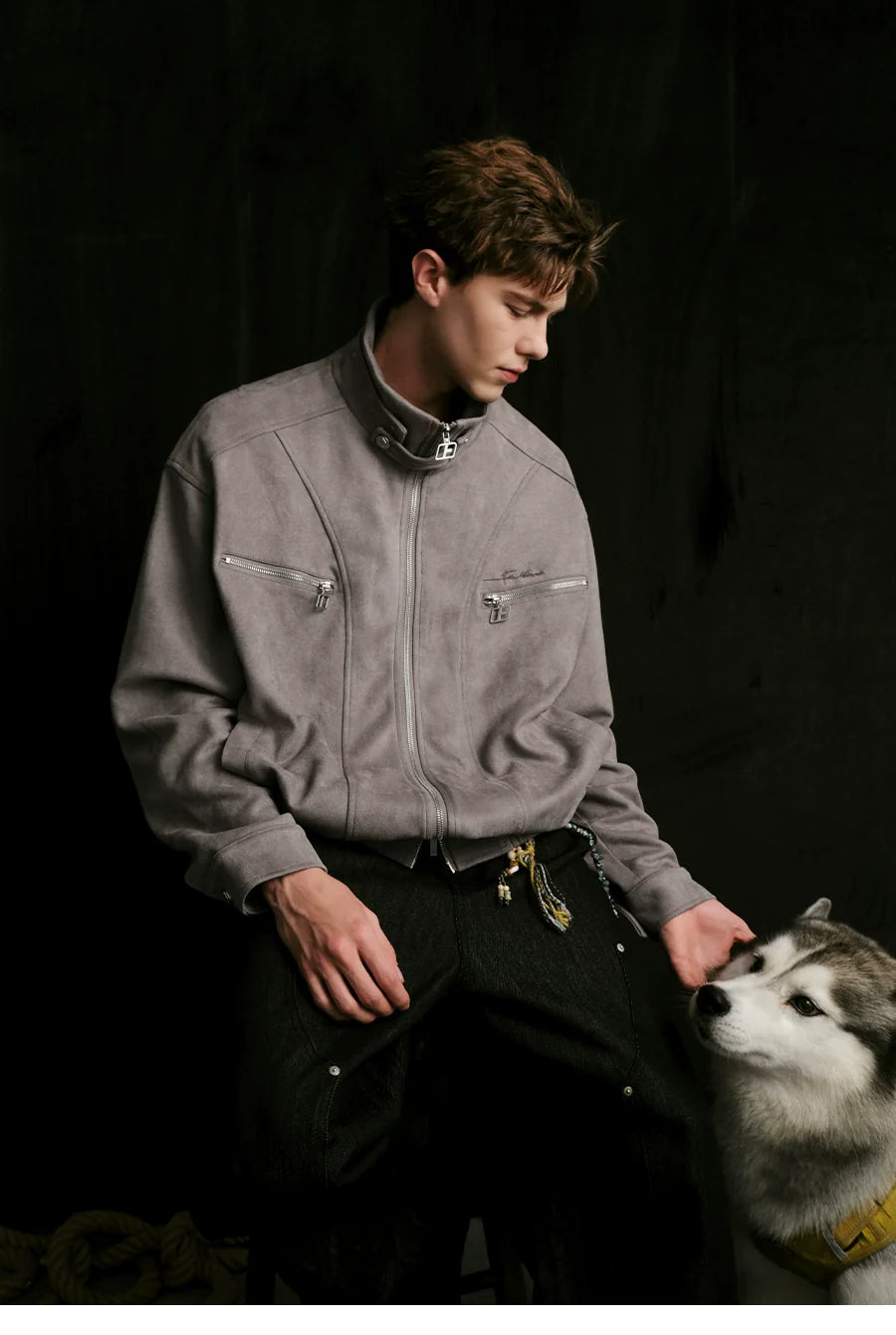 Heavy stand-up collar suede jacket couple loose coat SIN0991