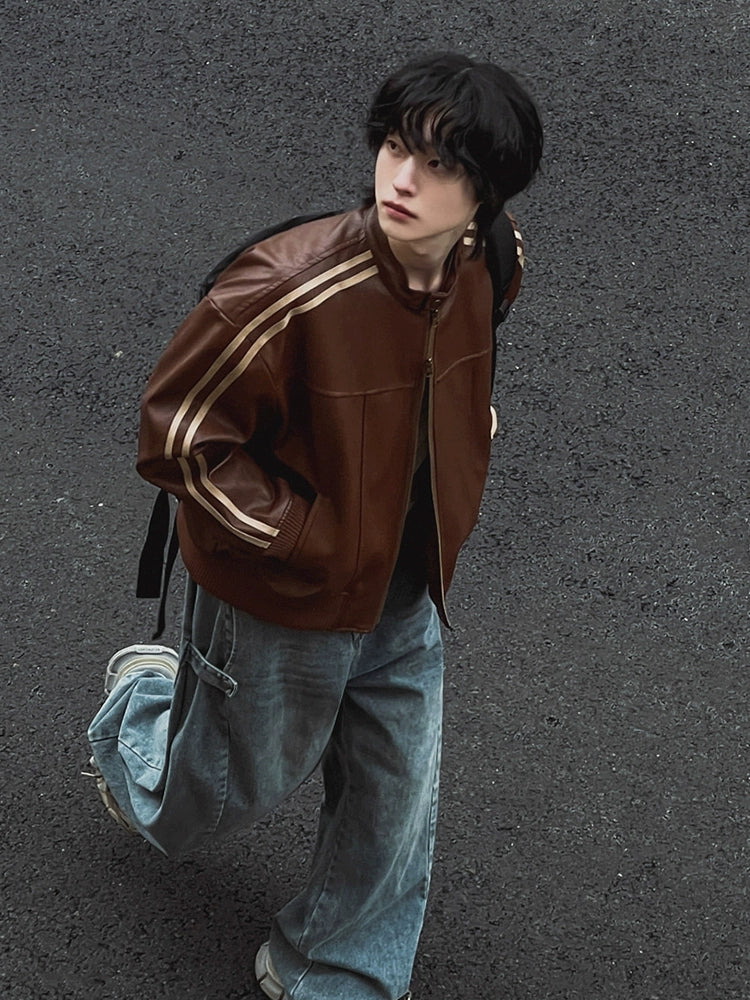 마이야르 스타일 가죽 재킷 남성용 가을 루즈핏 스탠드업 칼라 한국 트렌드 모터사이클 가죽 재킷