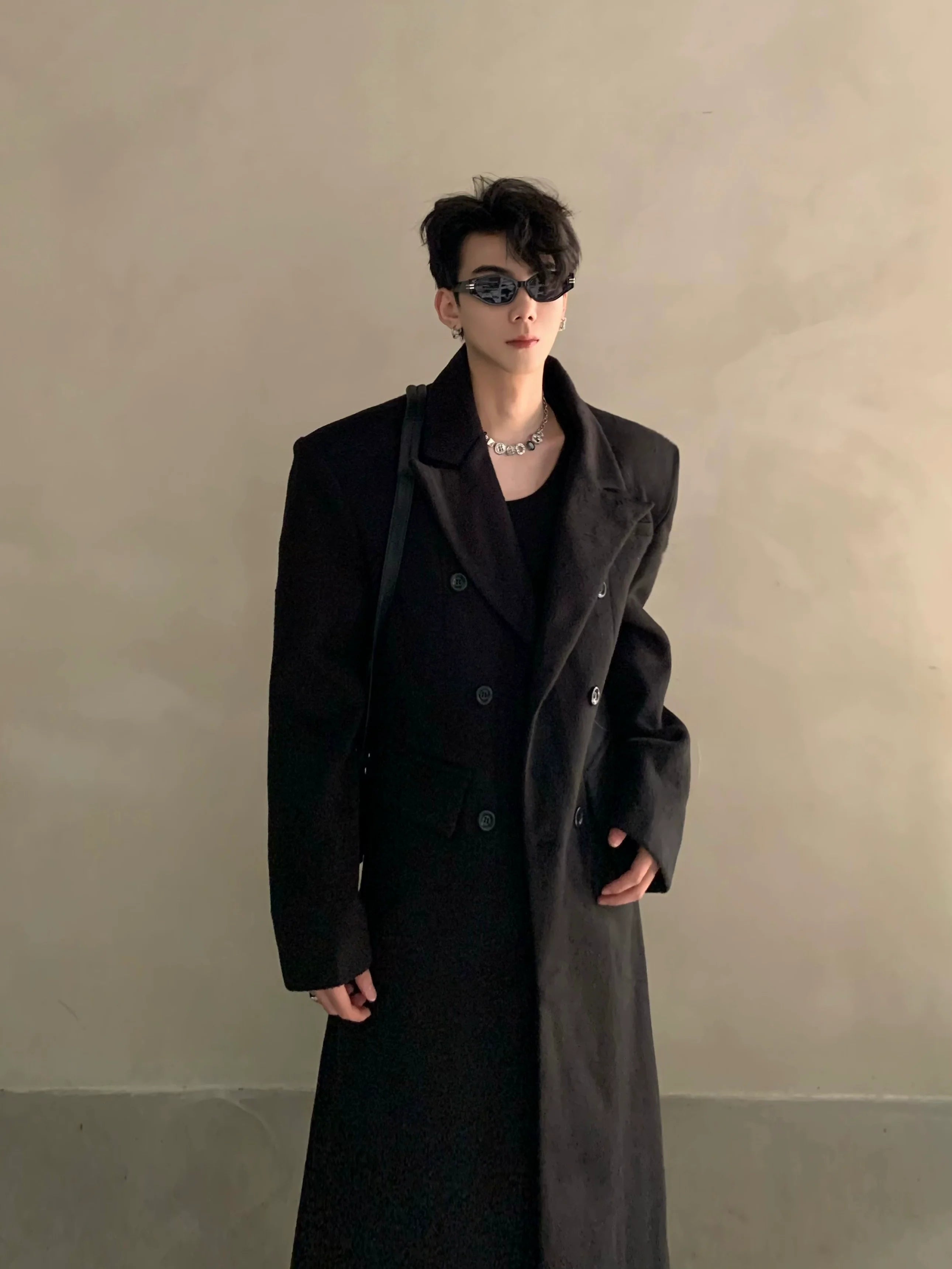 겨울용 어깨 패드 실루엣 울 코트, 남성용 긴 더블 브레스트 프리미엄 트렌치 코트