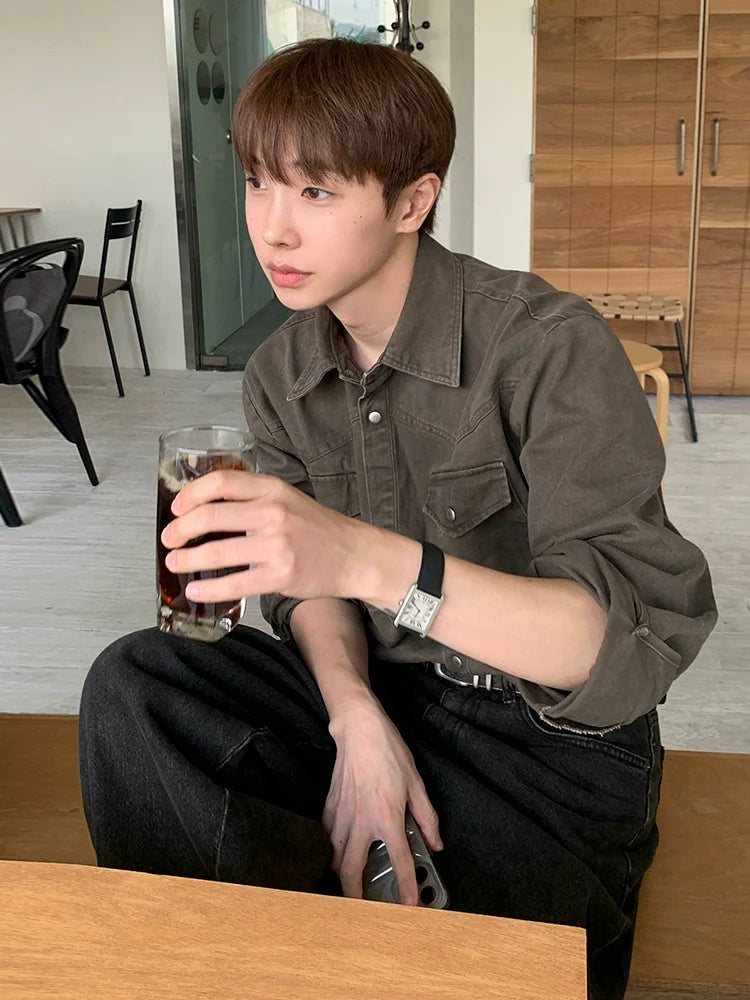 올드 머니 윈드 툴링 긴팔 셔츠 남성용 가을 루즈핏 캐주얼 셔츠 한국 통근용 올드 탑