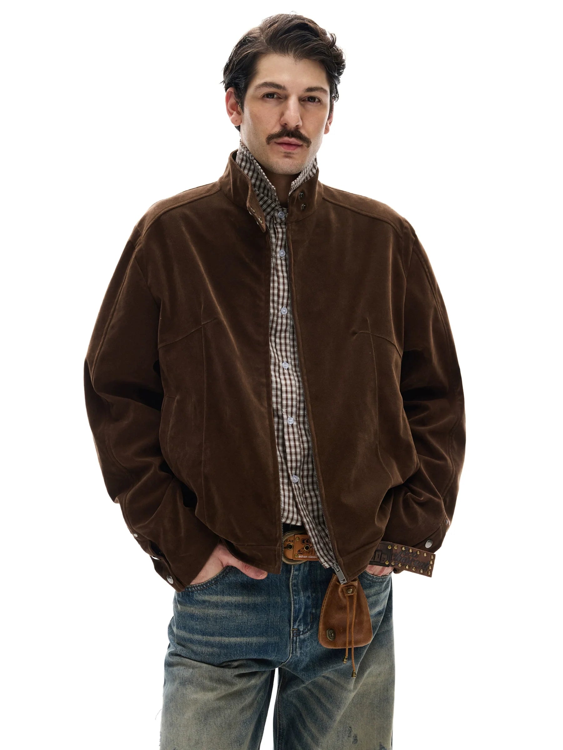 모던 스트리트 레트로 스웨이드 툴링 스탠드업 칼라 재킷, 남녀공용 캐주얼 디컨스트럭션 스플라이싱 숏 코트