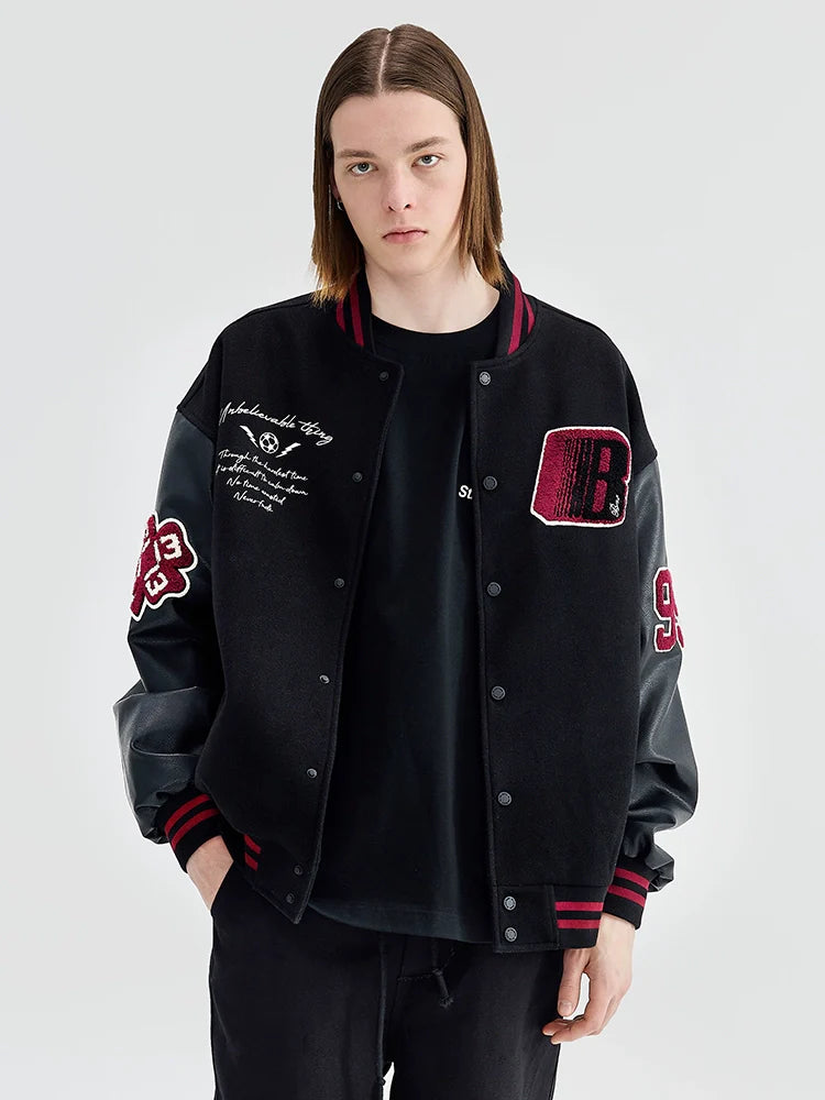 Super fire American retro burgundy baseball jacket men's and women's splicing trendy jacket