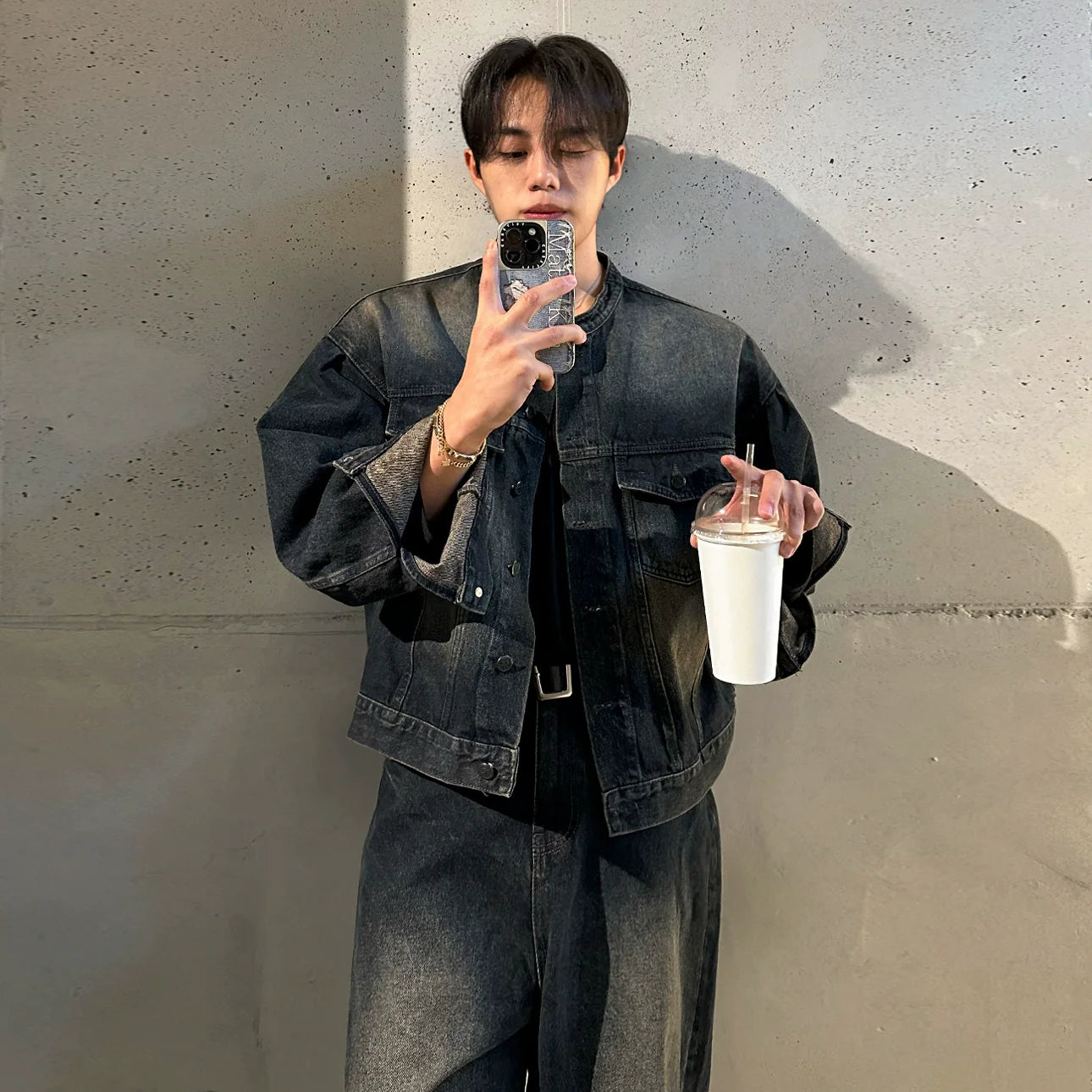 Ruffian handsome retro stand-up collar denim jacket men's spring and autumn loose wide-leg jeans Korean fashion suit