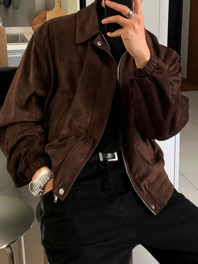 Suede lapel short jacket men's winter loose thickened jacket Korean commuter style wear