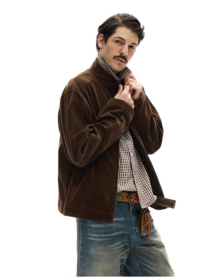 모던 스트리트 레트로 스웨이드 툴링 스탠드업 칼라 재킷, 남녀공용 캐주얼 디컨스트럭션 스플라이싱 숏 코트