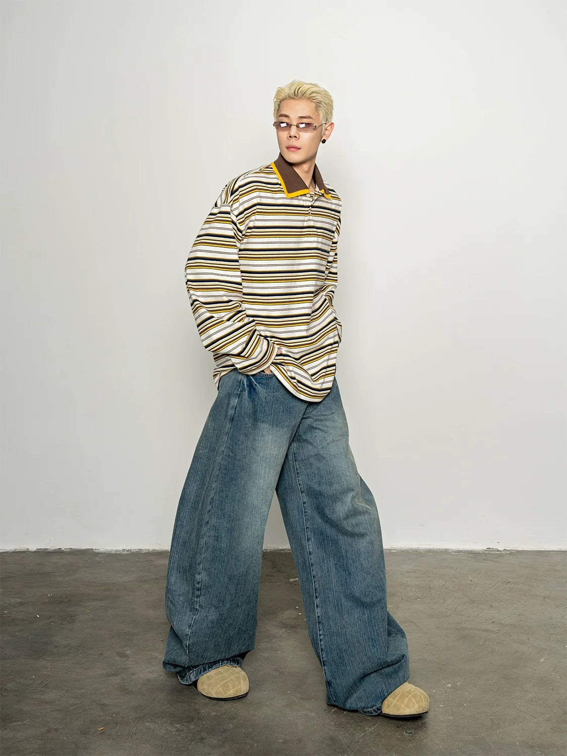 Classic Versatile Old Wash Water Bamboo Pattern Burr Edge Scimitar Jeans Loose Wide Leg Pants