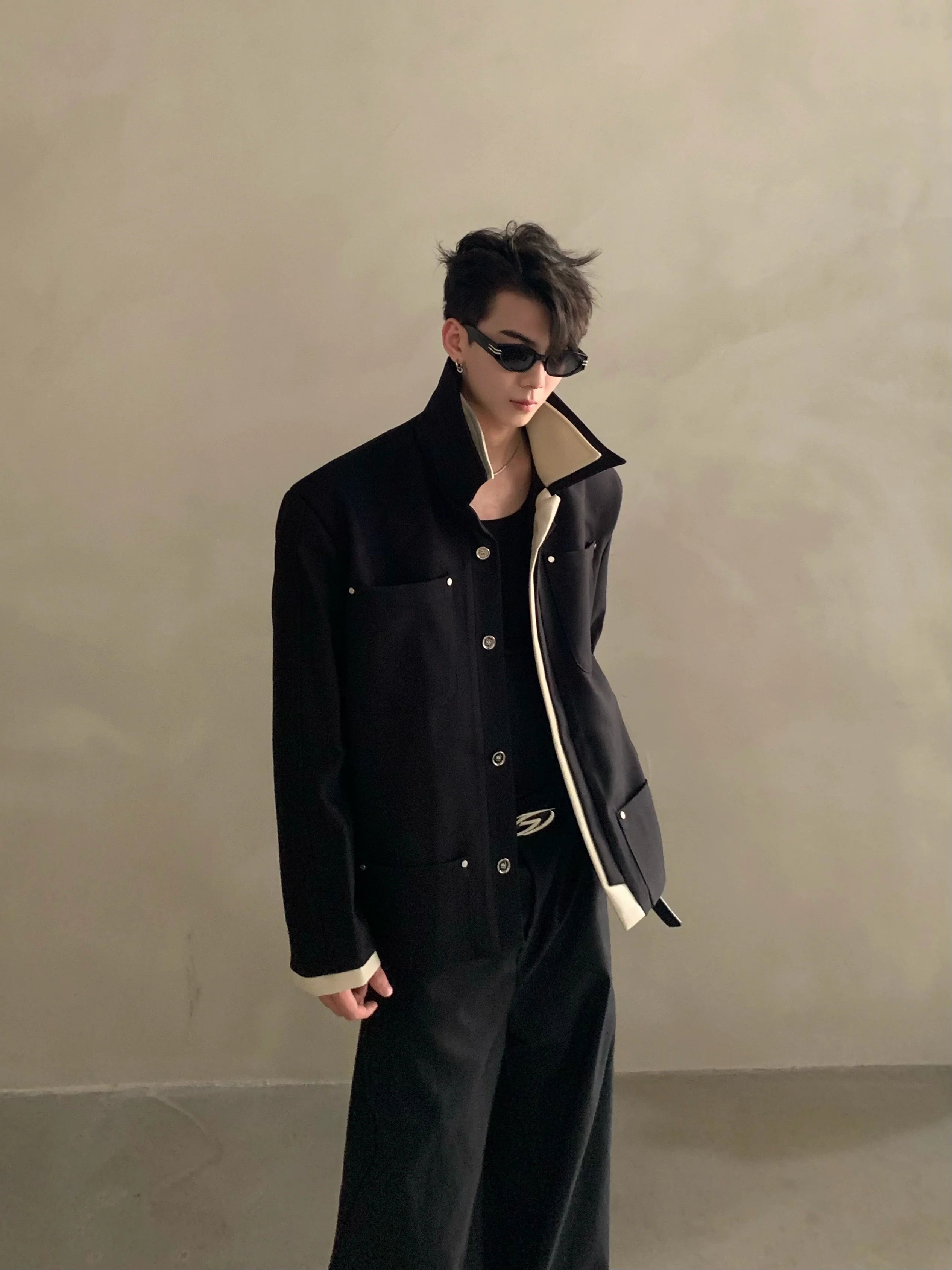 Niche light luxury high-end splicing lapel design casual jacket jacket men's ruffian handsome top tide