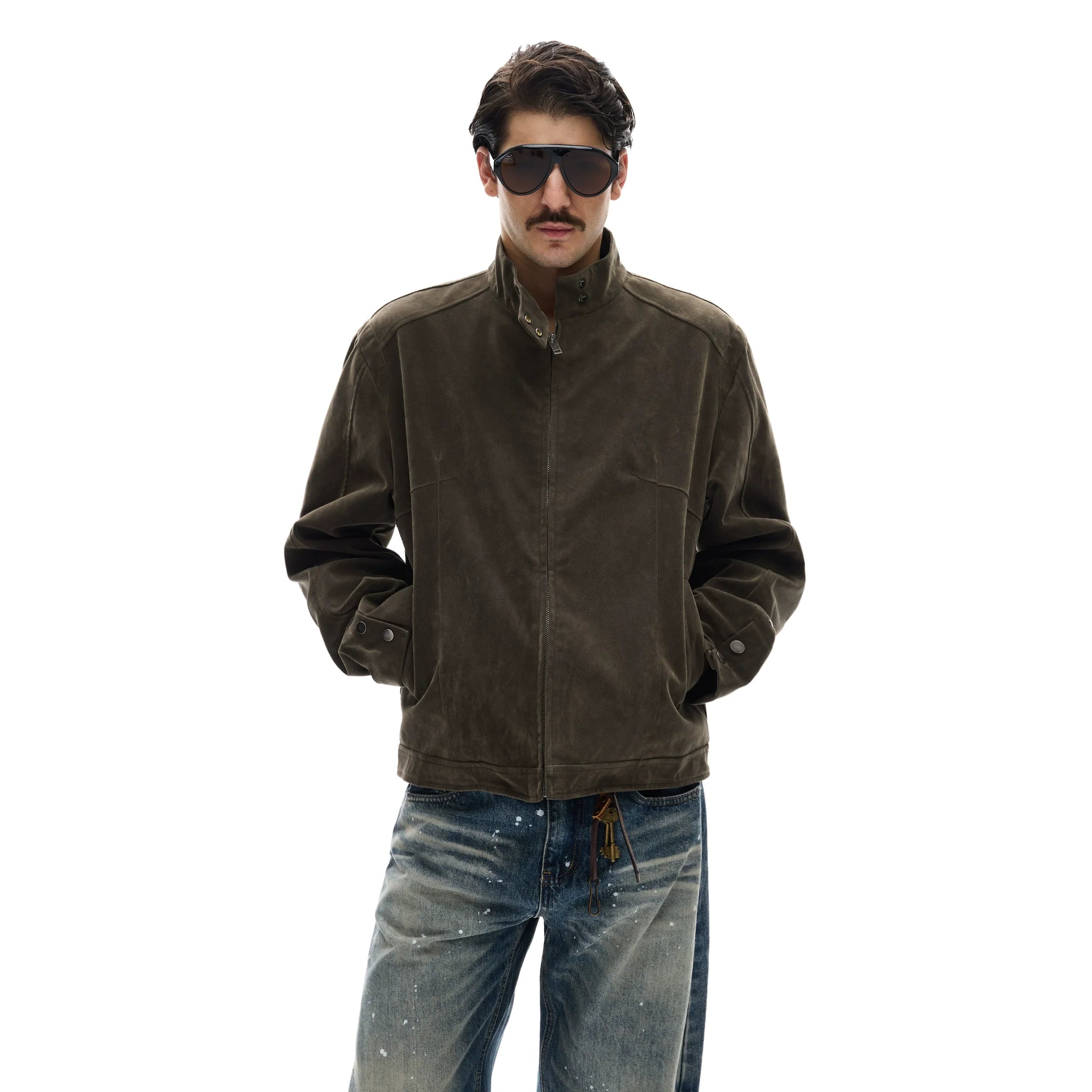 모던 스트리트 레트로 스웨이드 툴링 스탠드업 칼라 재킷, 남녀공용 캐주얼 디컨스트럭션 스플라이싱 숏 코트