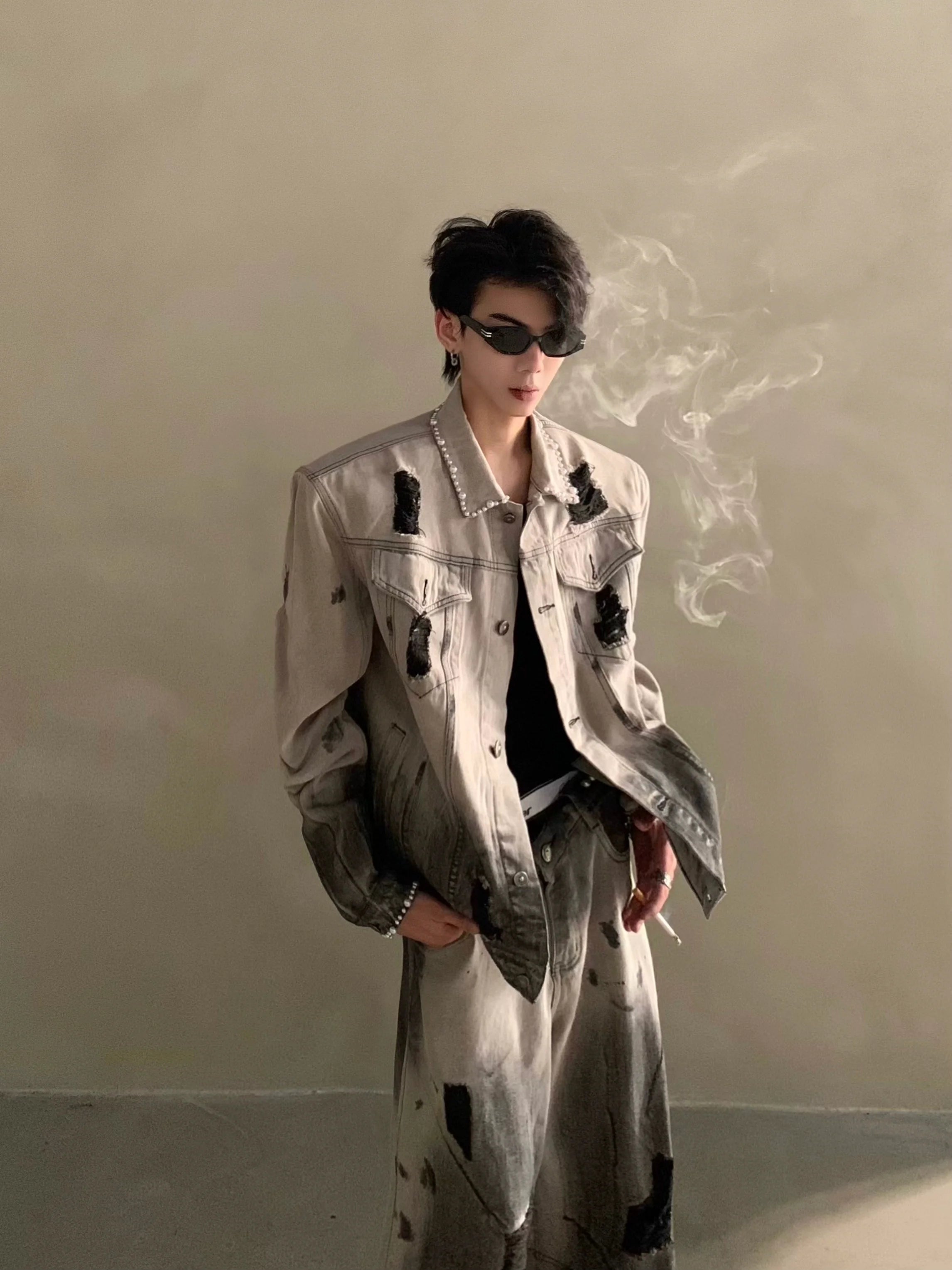 Niche waste soil tie-dye hole design shoulder padded denim jacket men's high-end suit tide