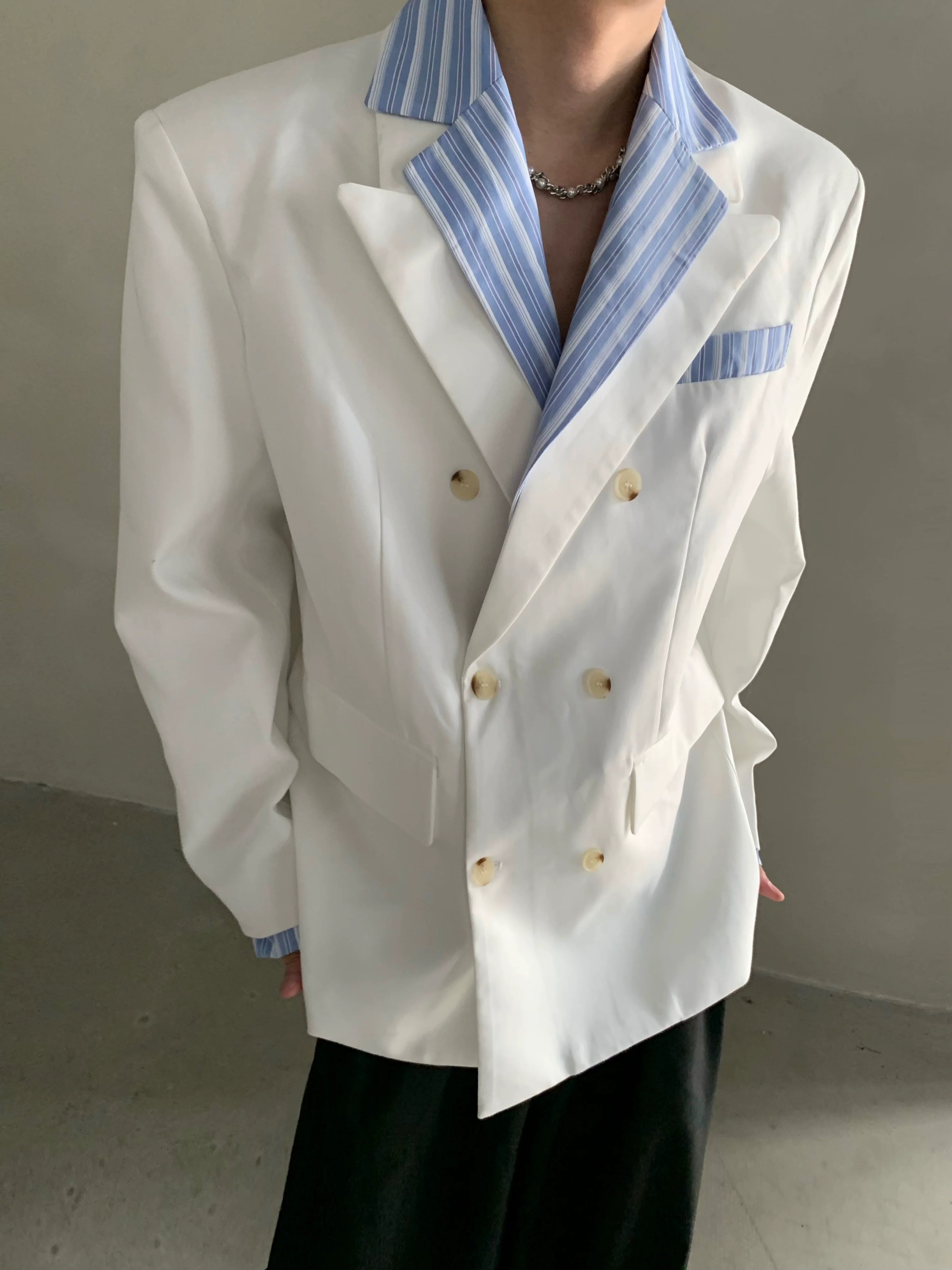 니치 하이엔드 미우 스트라이프 셔츠 칼라 숄더 패딩 수트 남성용 러피안 핸섬 수트 재킷