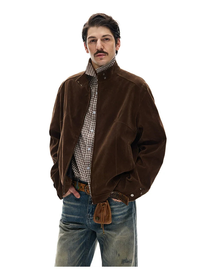 모던 스트리트 레트로 스웨이드 툴링 스탠드업 칼라 재킷, 남녀공용 캐주얼 디컨스트럭션 스플라이싱 숏 코트