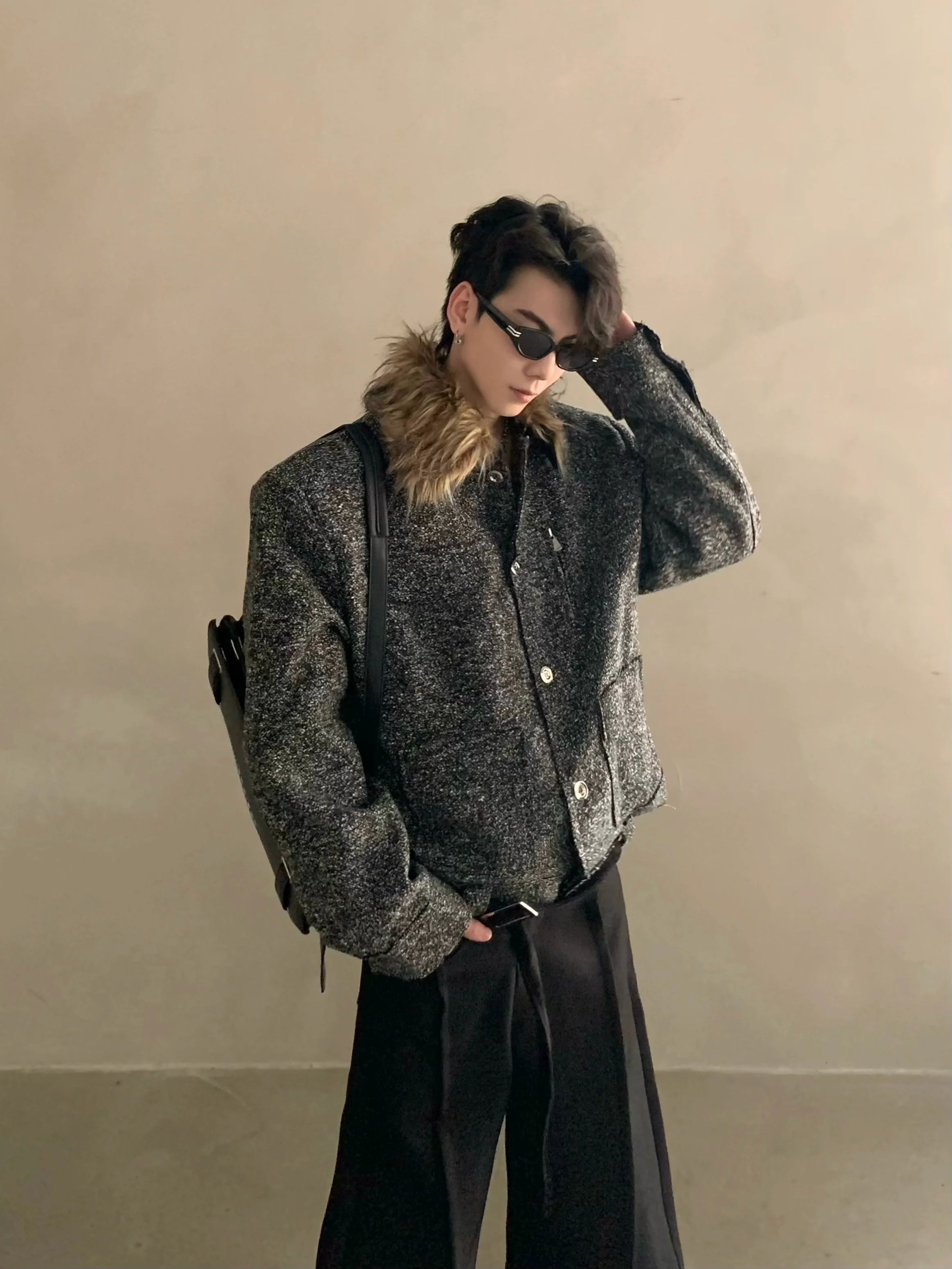 Winter niche light luxury fur collar shoulder padded small fragrant jacket men's high-end short padded jacket