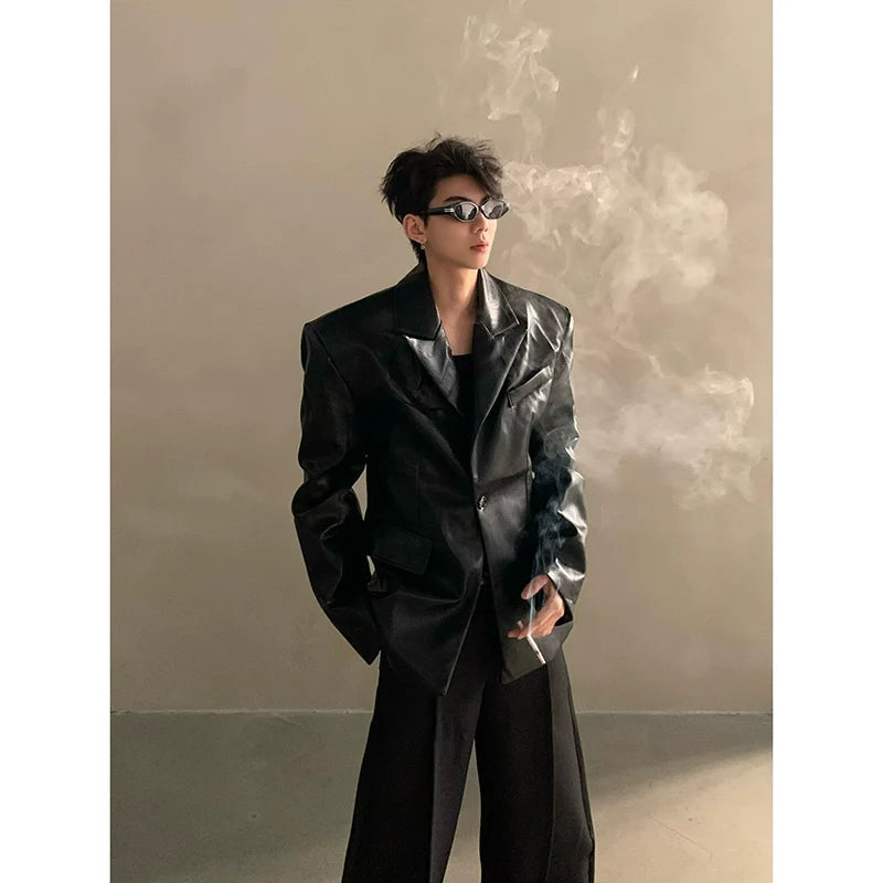 Autumn and winter niche high-end silhouette shoulder pads pu leather jacket men's light luxury ruffian handsome suit jacket