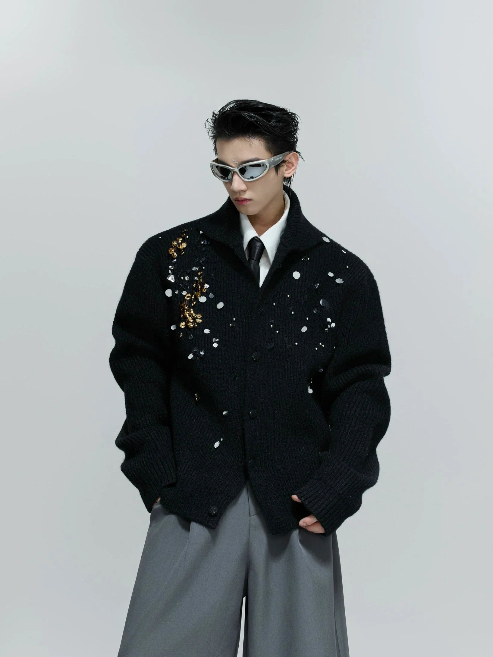 Niche heavy industry sequined design sense turtleneck sweater extravagant lazy knitted sweater jacket winter