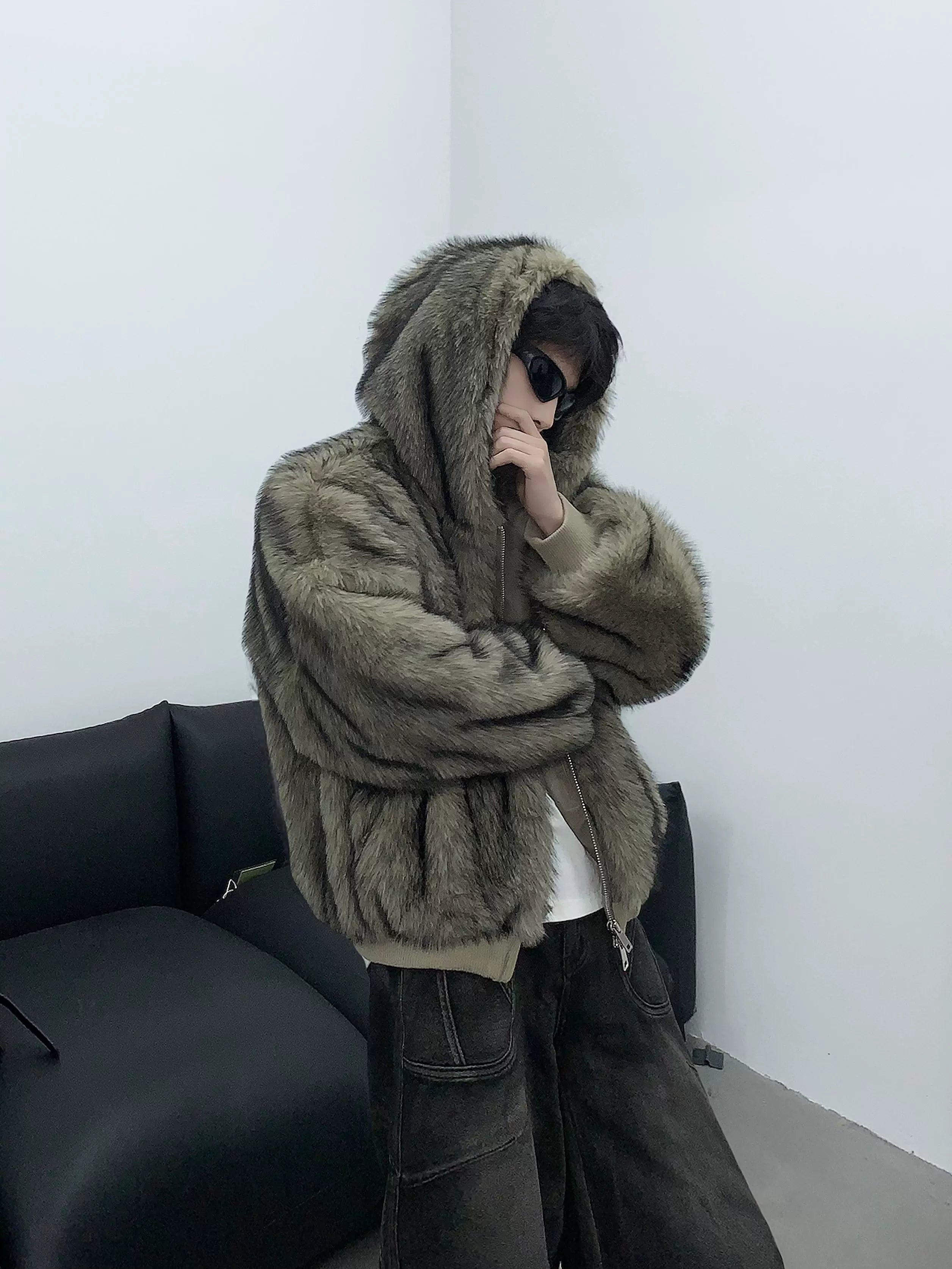 겨울철 두툼하고 따뜻한 플러시 후드 밍크 재킷, 남성용 인조 모피 클린핏 밍크 코튼 재킷