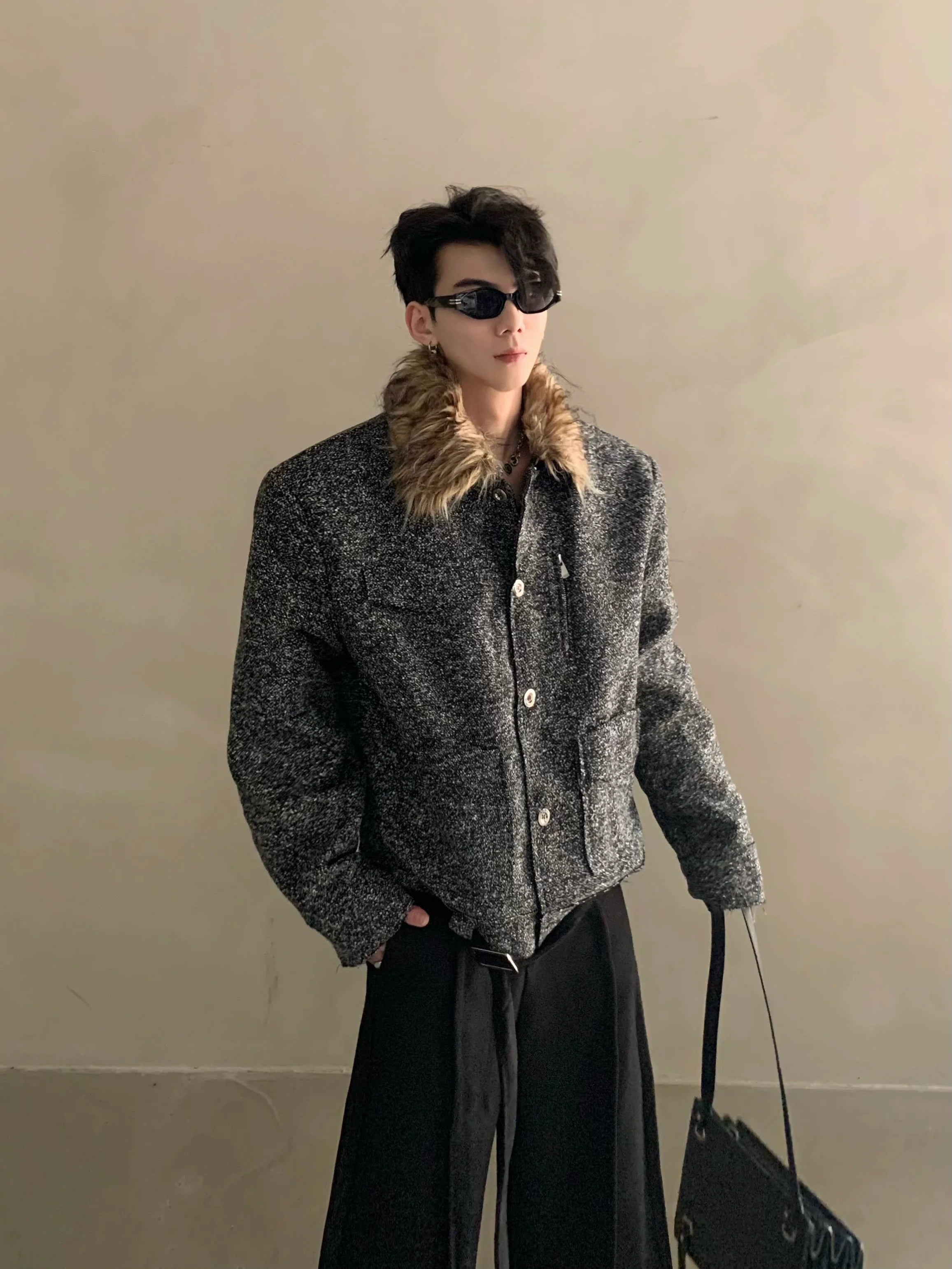 Winter niche light luxury fur collar shoulder padded small fragrant jacket men's high-end short padded jacket