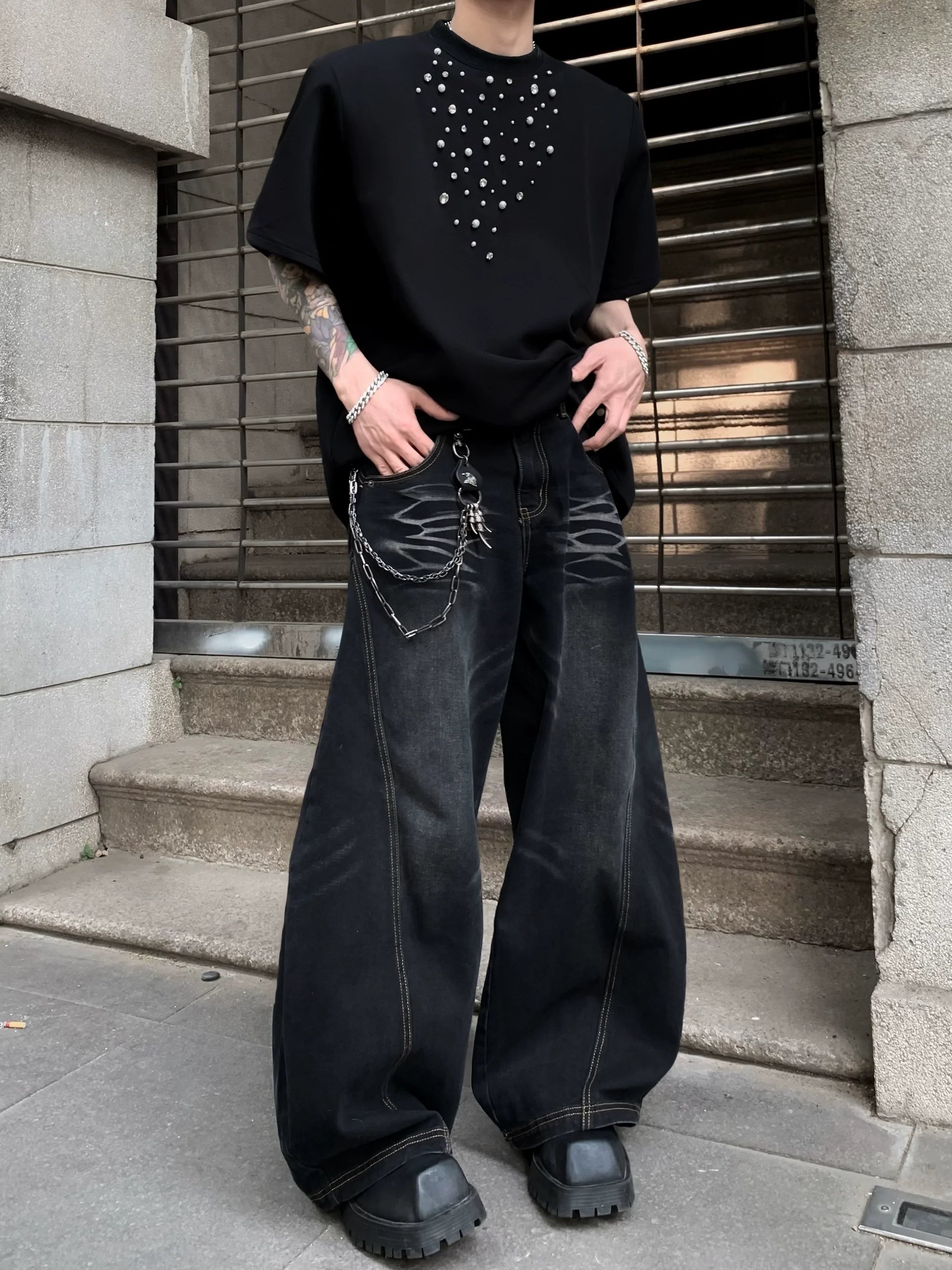 American high street lazy relaxation scimitar pants men's design sense cleanfit jeans high sense