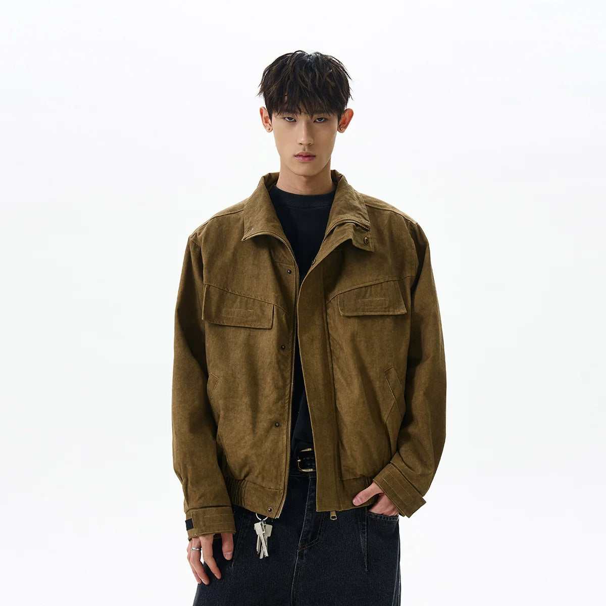 Vintage old cleanfit deconstruction stand-up collar jacket trendy short tooling jacket SIN0972