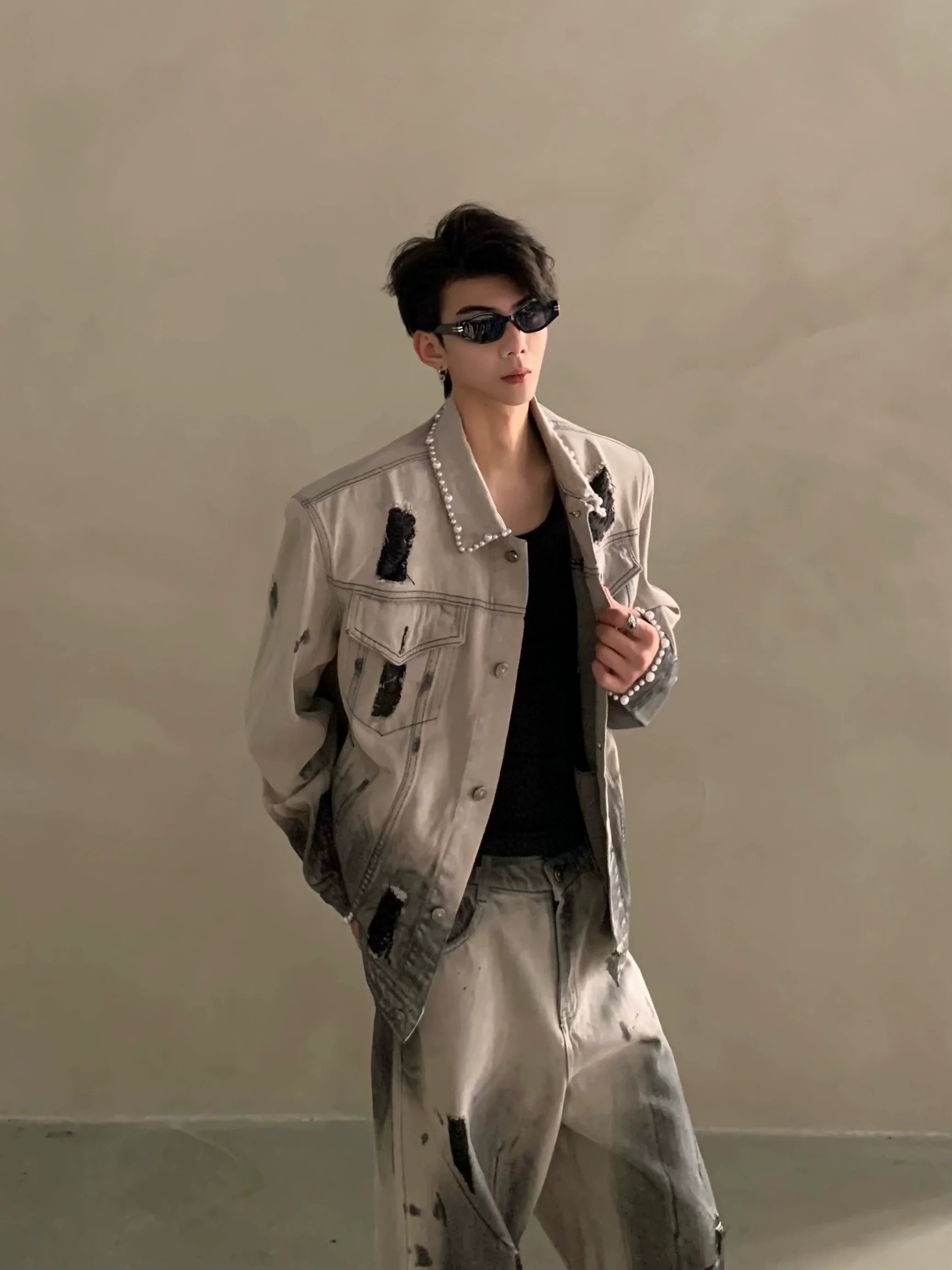 Niche waste soil tie-dye hole design shoulder padded denim jacket men's high-end suit tide