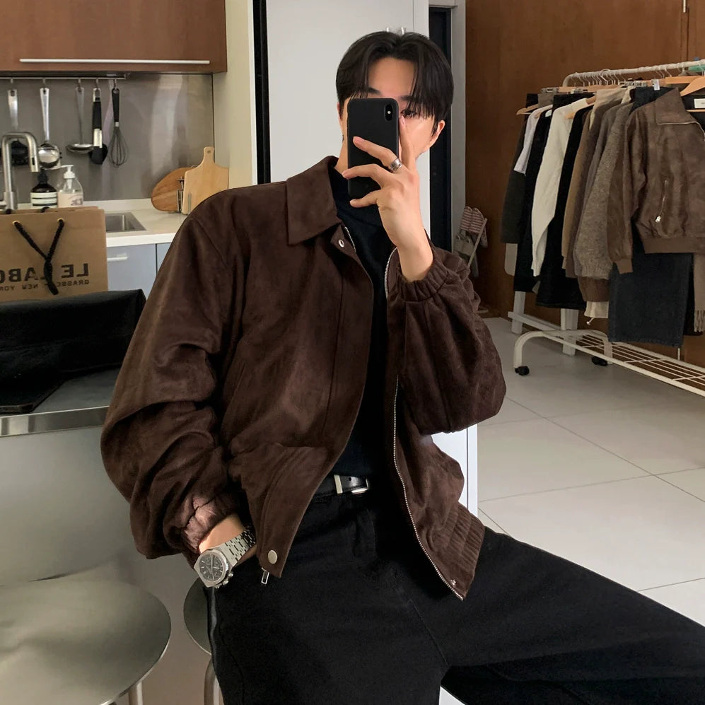Suede lapel short jacket men's winter loose thickened jacket Korean commuter style wear