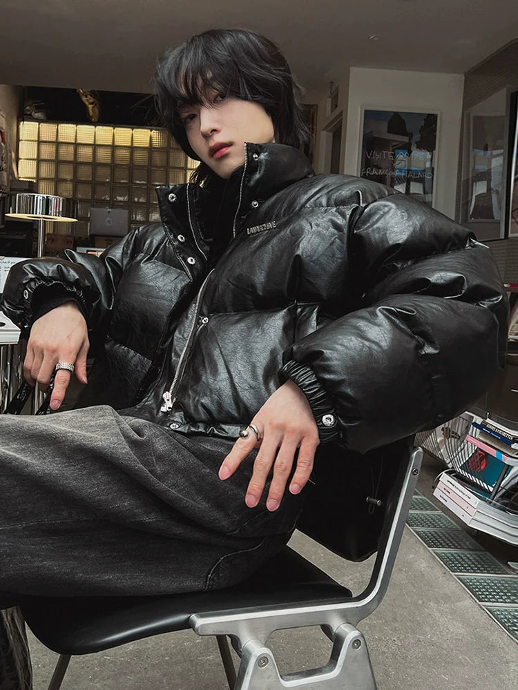 고급 인조가죽 소재의 남성용 겨울 루즈핏 따뜻한 루즈핏 재킷, 한국 트렌디한 스탠드업 칼라 면 소재 의류