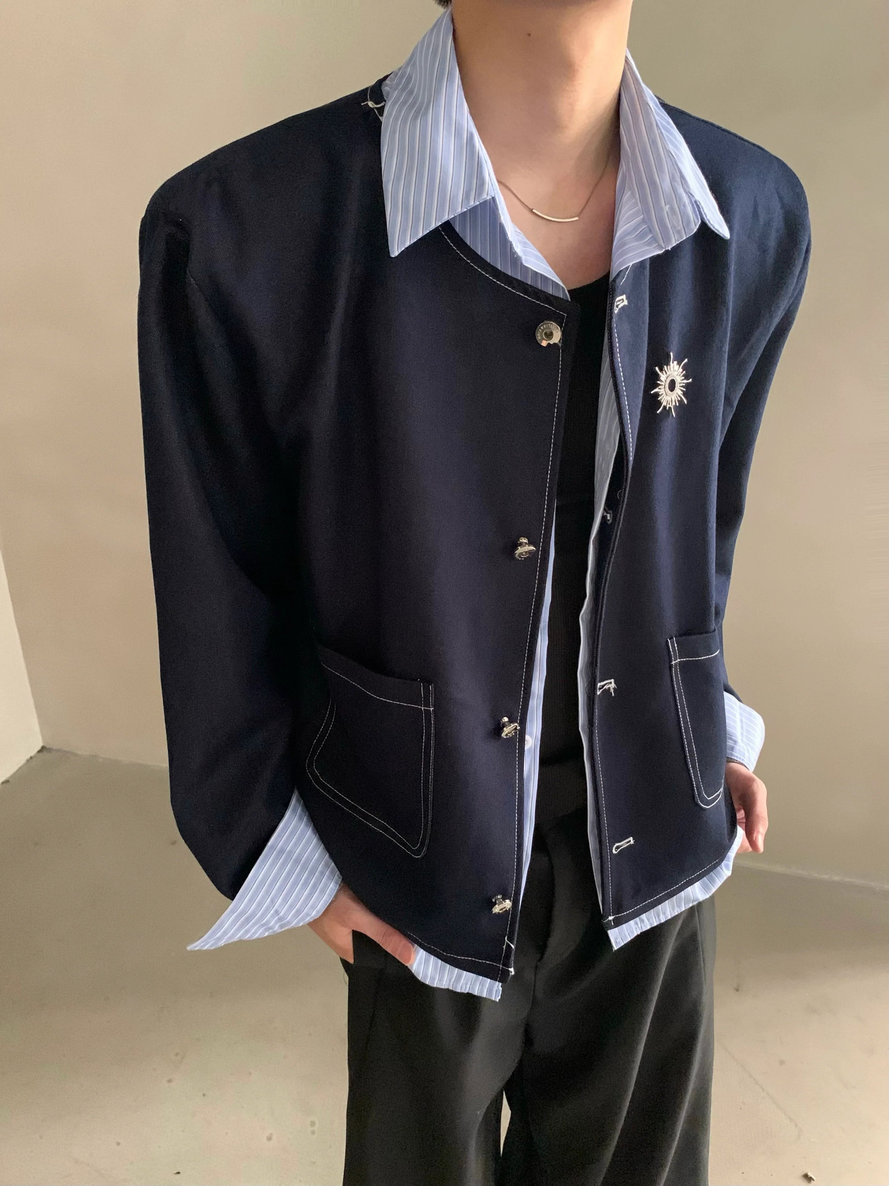 Autumn light luxury high-end fake two-piece splicing design shirt male ruffian handsome shoulder padded jacket jacket