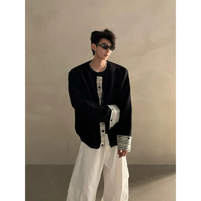 가을/겨울 레이어드 스타일의 투피스 스트라이프 스플라이싱 니트 스웨터, 남성용 고급 가디건 재킷 트렌드