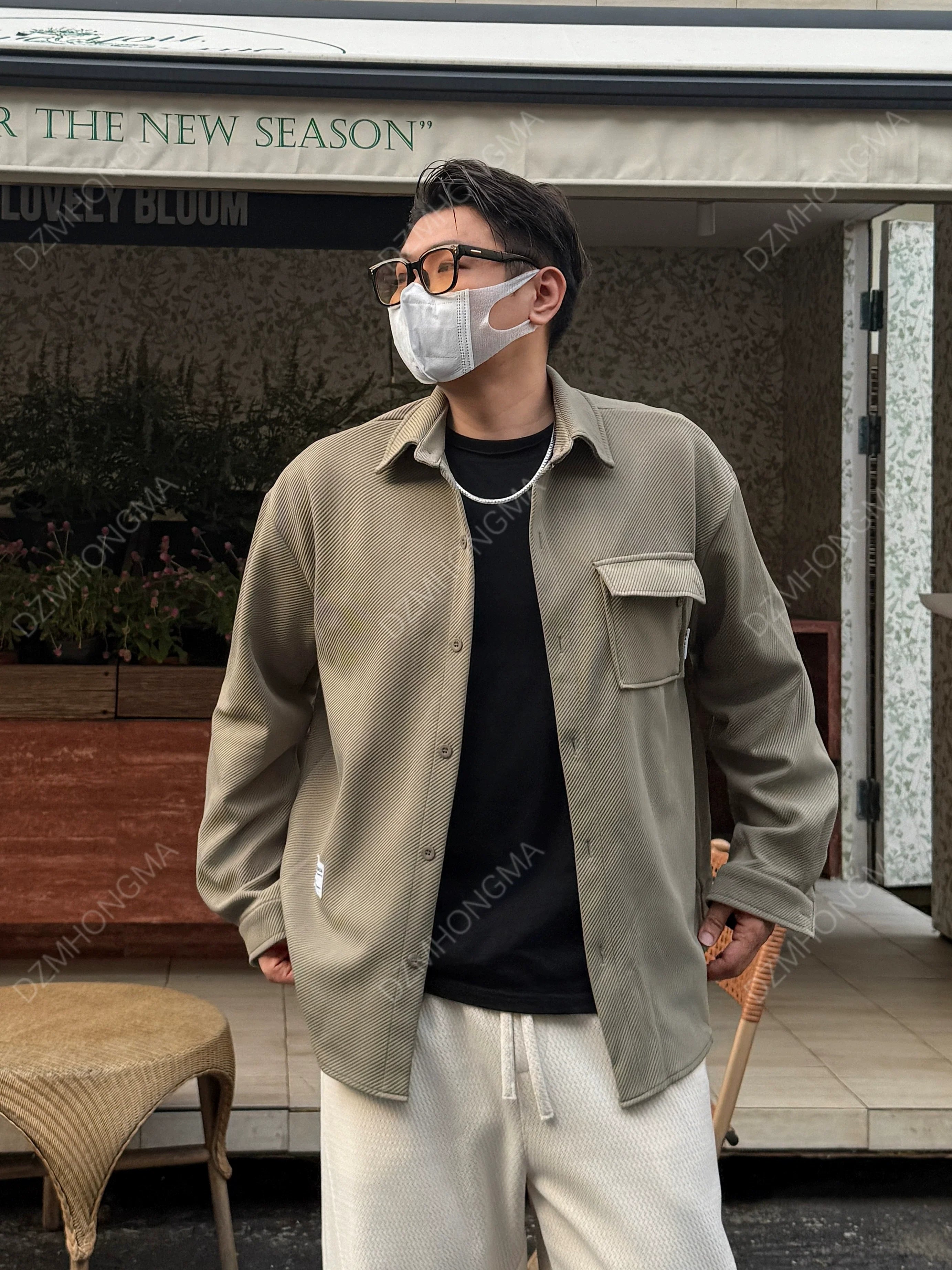 레트로 남성 셔츠 가을 상의 한국 버전 캐주얼 가을 트렌드 포켓 트윌 긴팔 셔츠