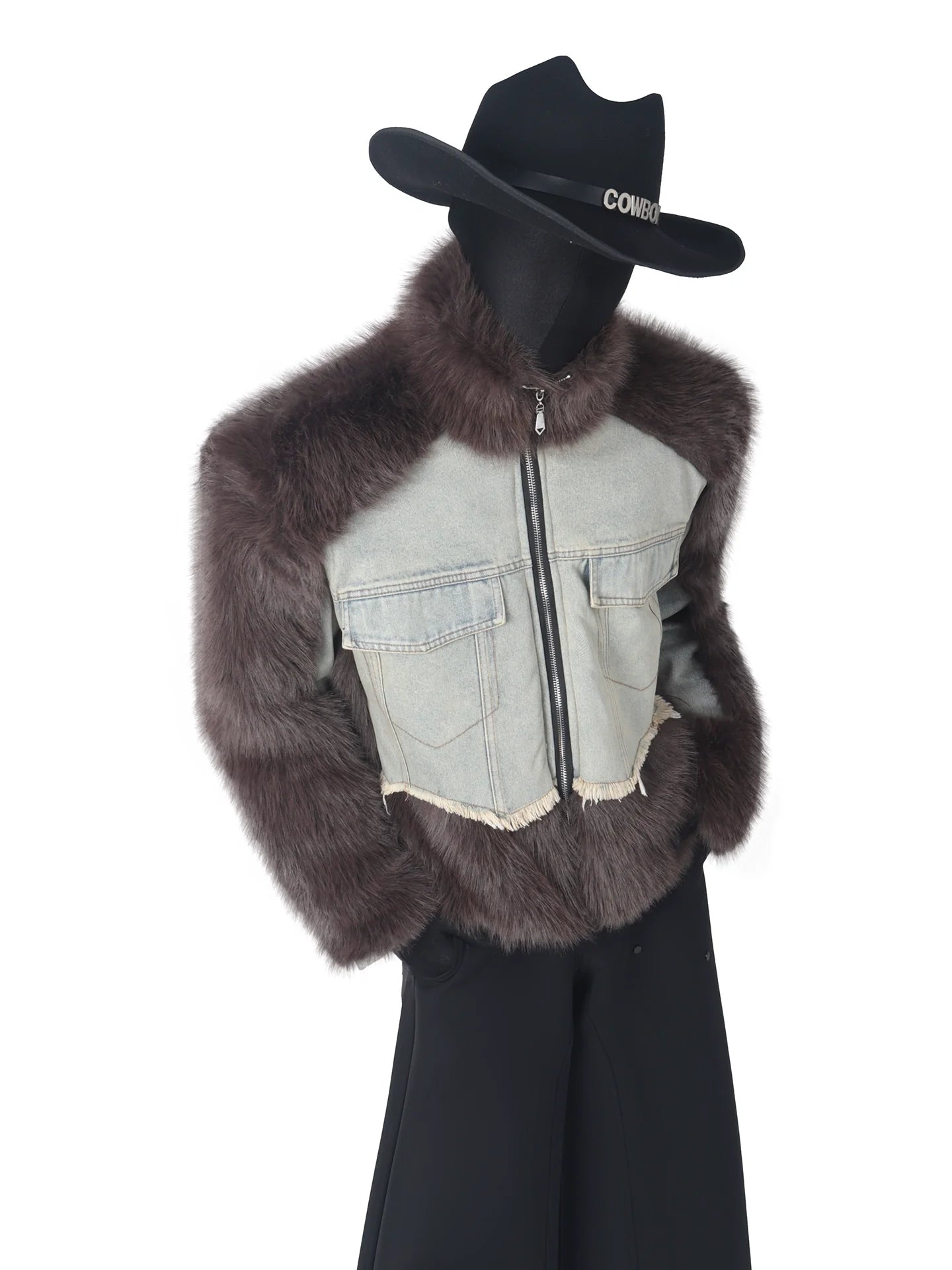 Mountain carving series splicing denim jacket men's autumn and winter light luxury plush imitation mink jacket