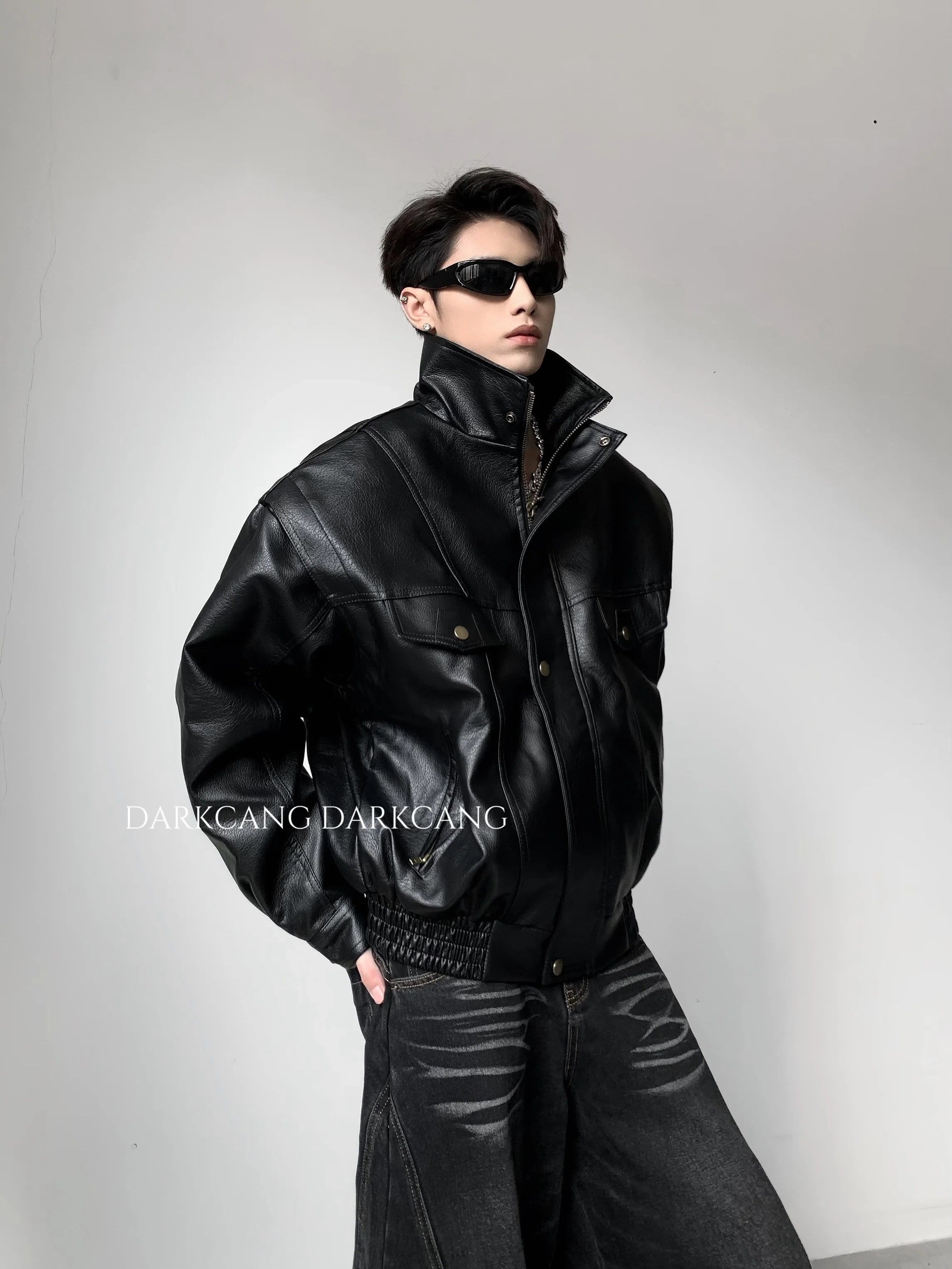 가볍고 고급스러운 두툼한 스탠드업 칼라, 면 안감 가죽 재킷, 남성용 겨울 의류, 중장년층 감각의 멋스럽고 깔끔한 핏 재킷