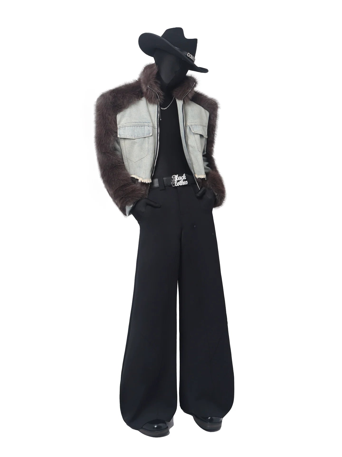 Mountain carving series splicing denim jacket men's autumn and winter light luxury plush imitation mink jacket