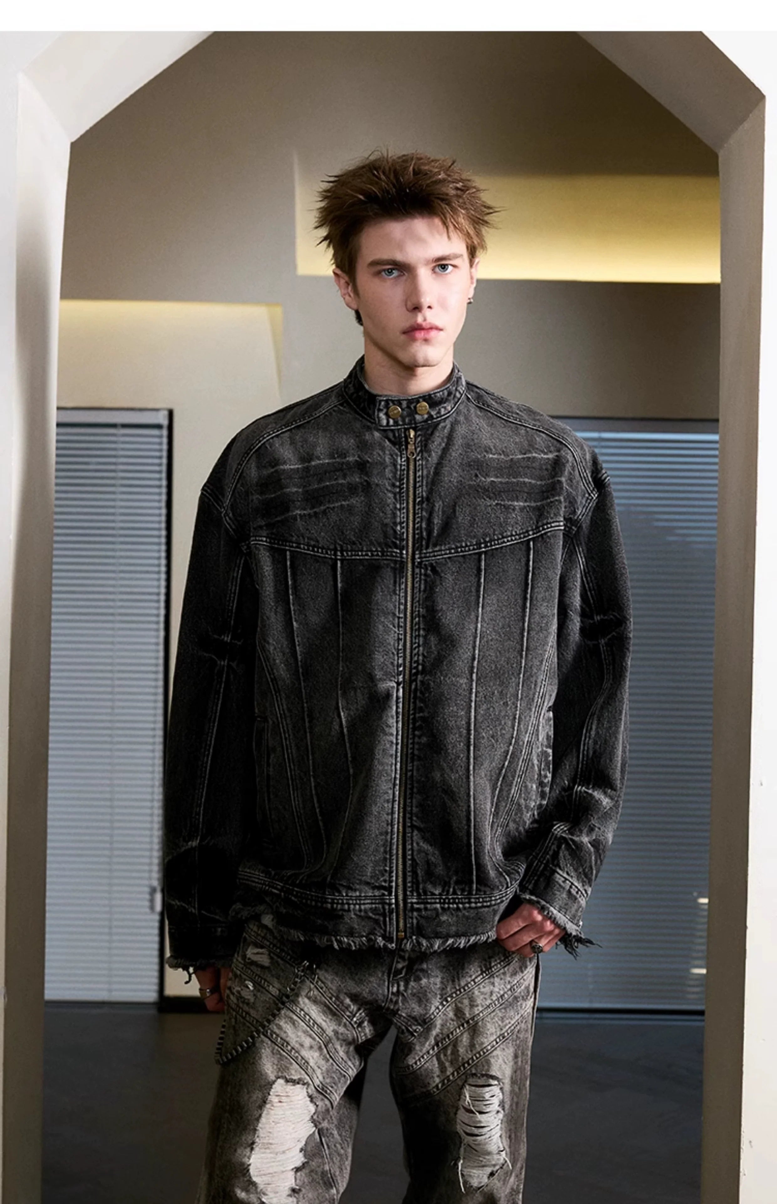 Heavy washed denim jacket American high street stand-up collar jacket SIN0992