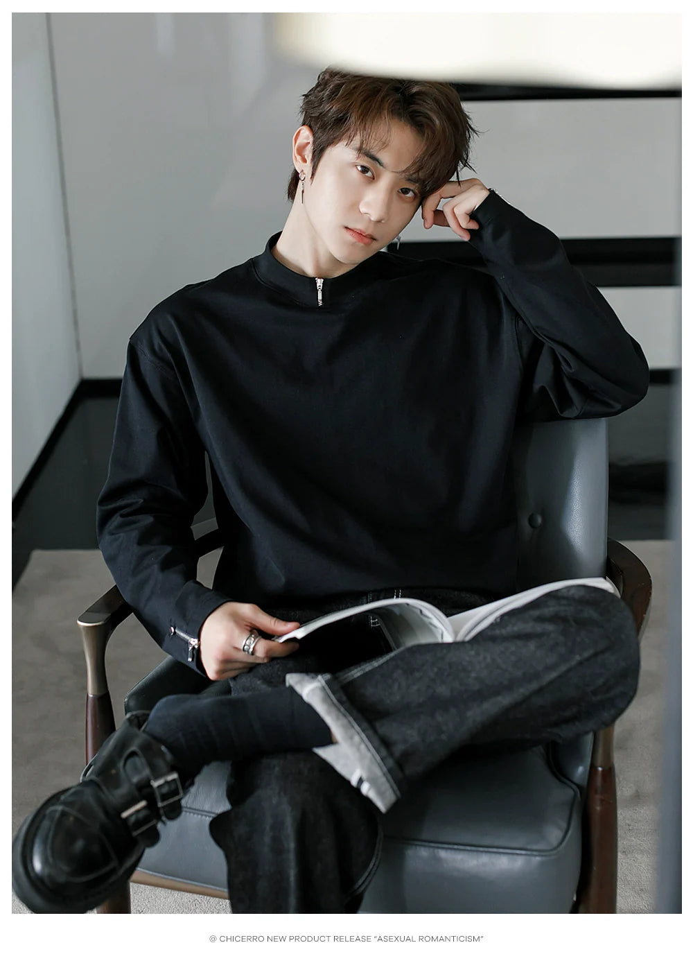 Men's spring zipper design sense inner bottoming shirt thin white long-sleeved T-shirt tide