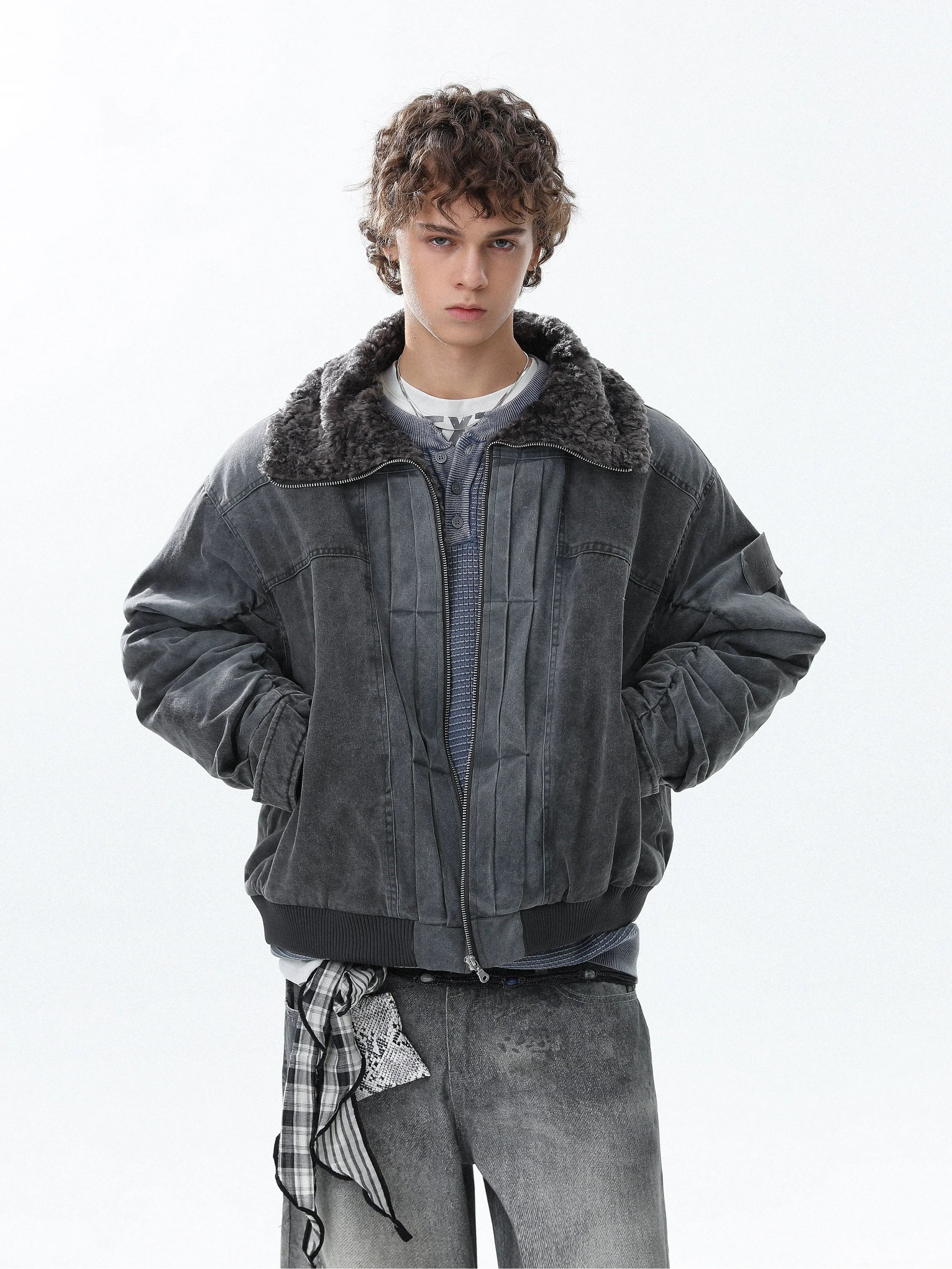 Heavy industry denim deconstruction splicing winter thickened cotton jacket SIN0975