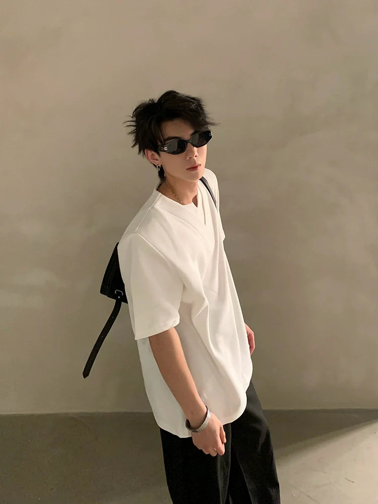 여름 고급 브이넥 금속 장식 어깨 패드 반팔 티셔츠, 남성용 멋쟁이 루즈핏 반팔 상의