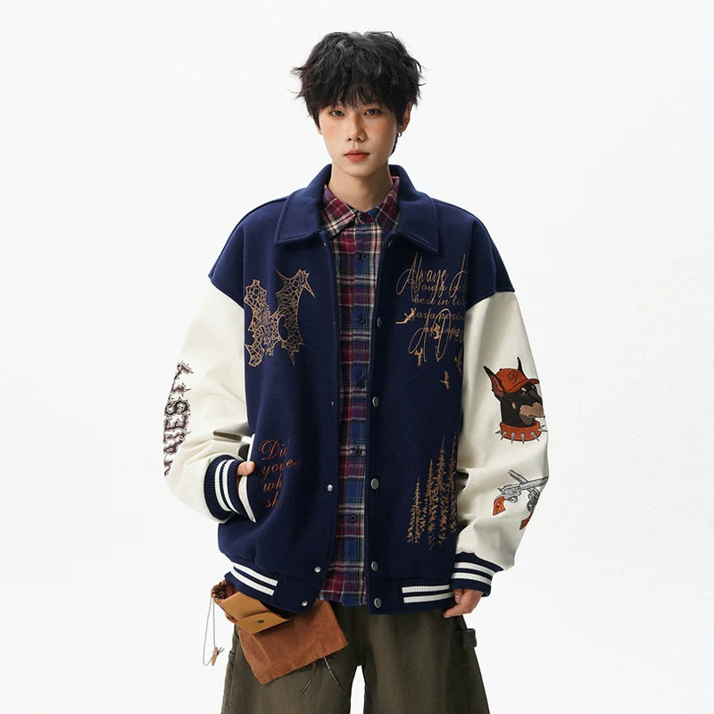 미국 중공업 자수 장식, 대비되는 색상의 접합, 남성용 트렌디한 하이 스트리트 커플 라펠 재킷